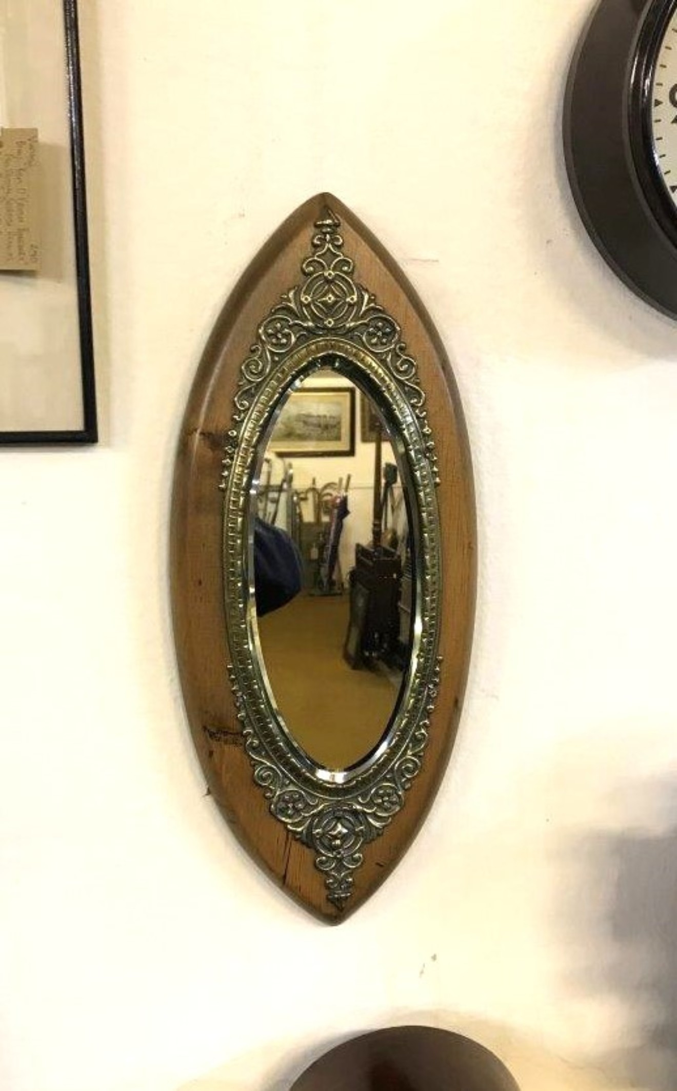 Victorian Oval Bevelled Edge Mirror Wooden Frame with Brass Repousse Trim