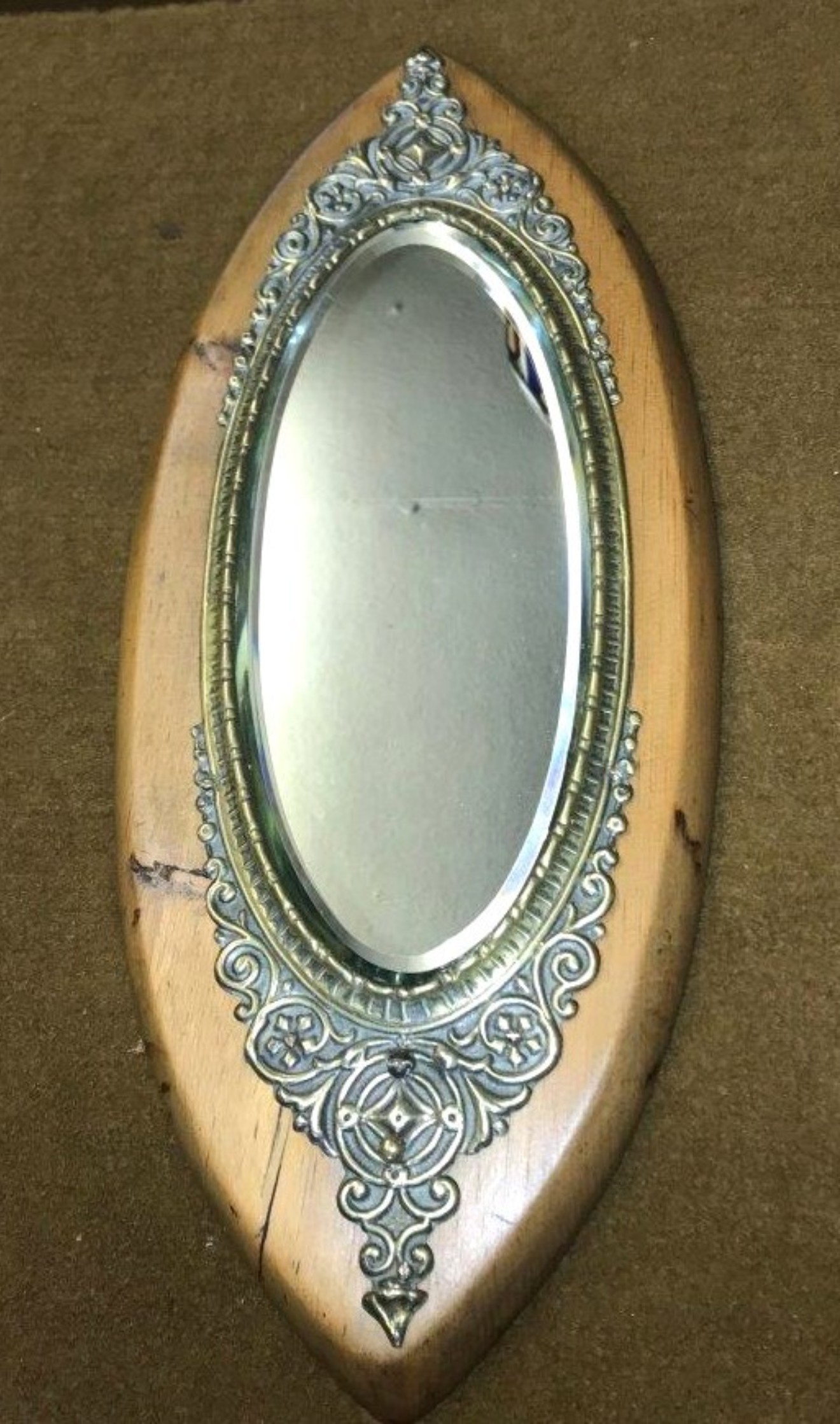 Victorian Oval Bevelled Edge Mirror Wooden Frame with Brass Repousse Trim