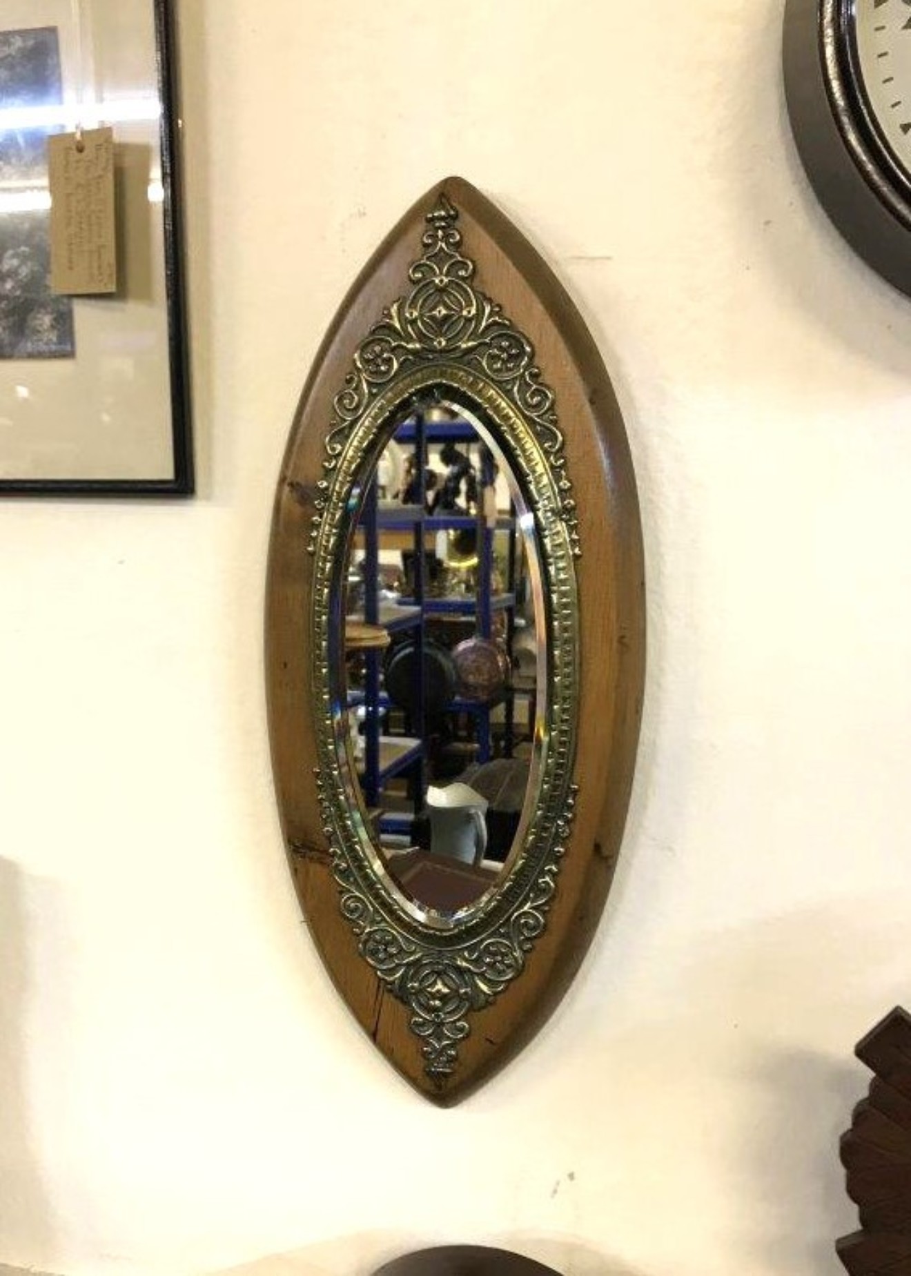 Victorian Oval Bevelled Edge Mirror Wooden Frame with Brass Repousse Trim