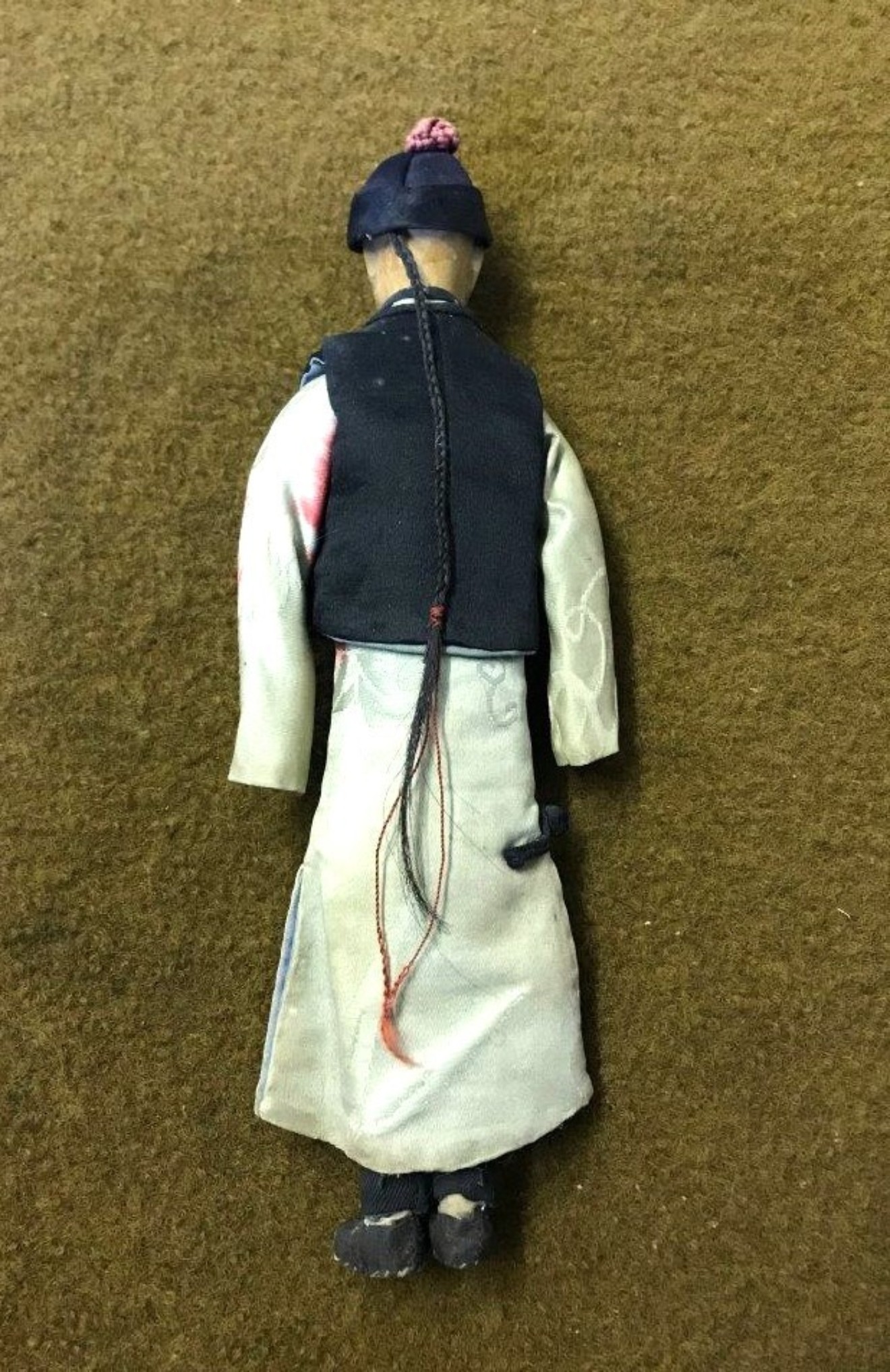 Antique Chinese Male Doll Wooden Carved Head, Cloth Feet