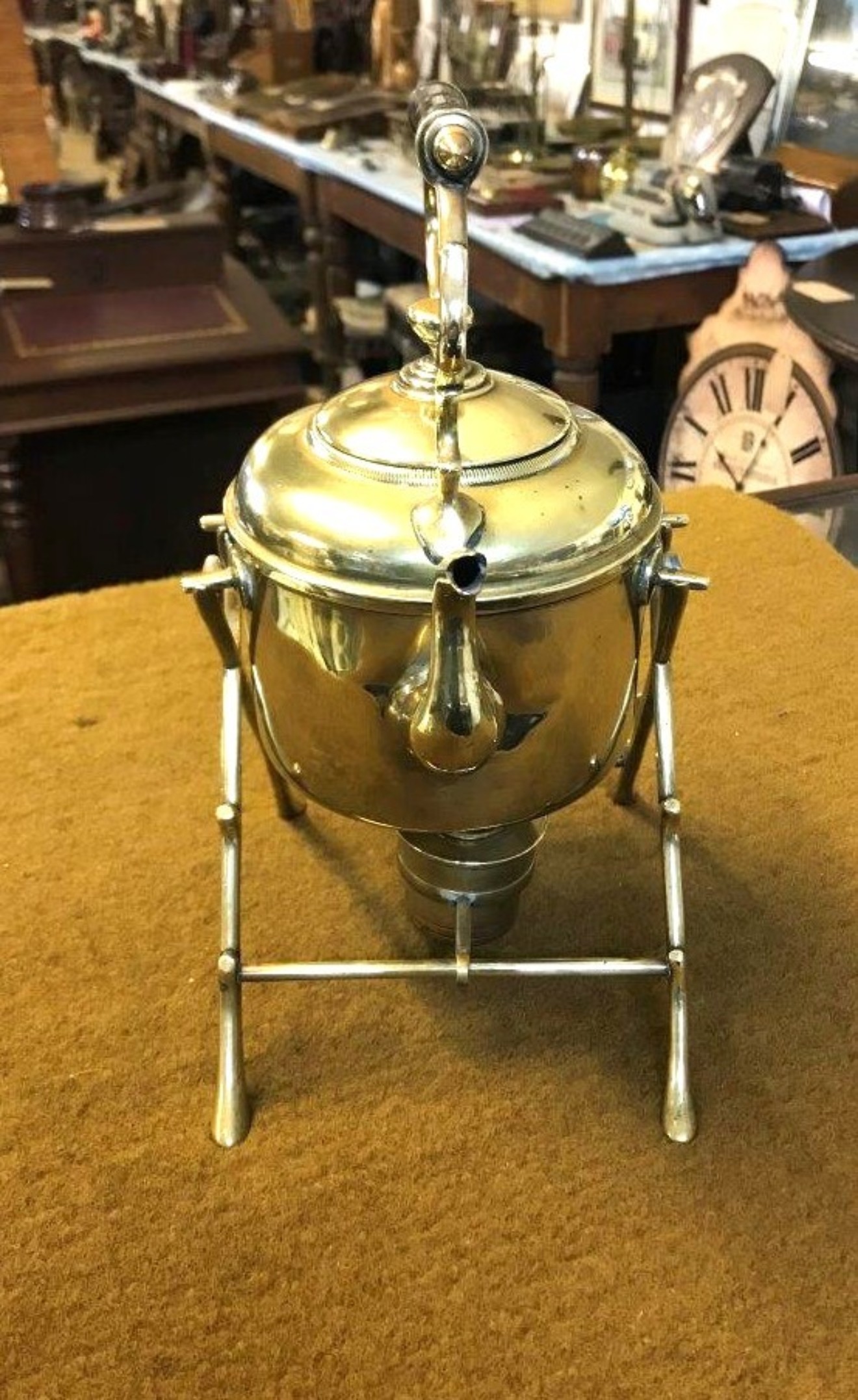 Antique Brass Kettle on Stand with Spirit Burner Warmer