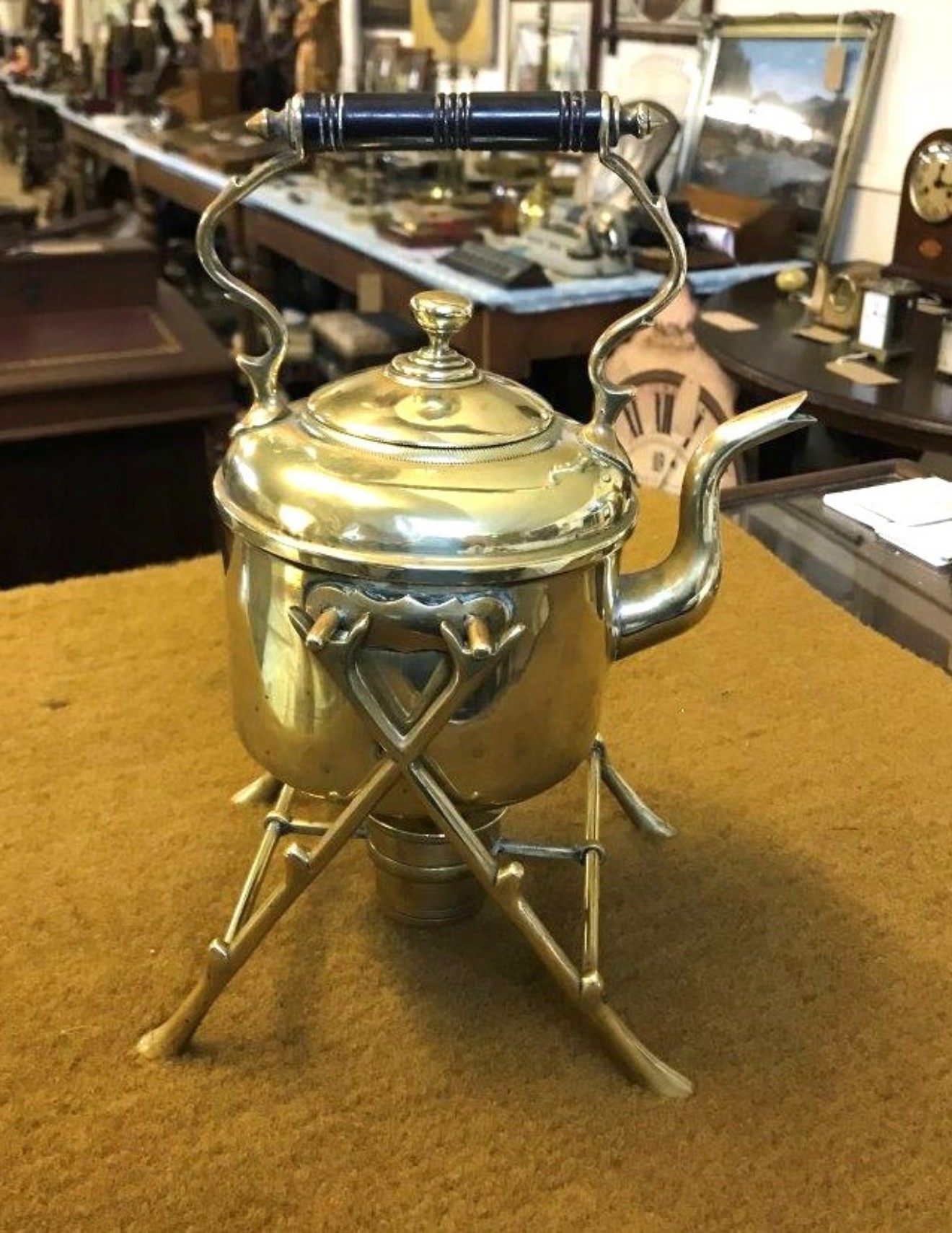 Antique Brass Kettle on Stand with Spirit Burner Warmer