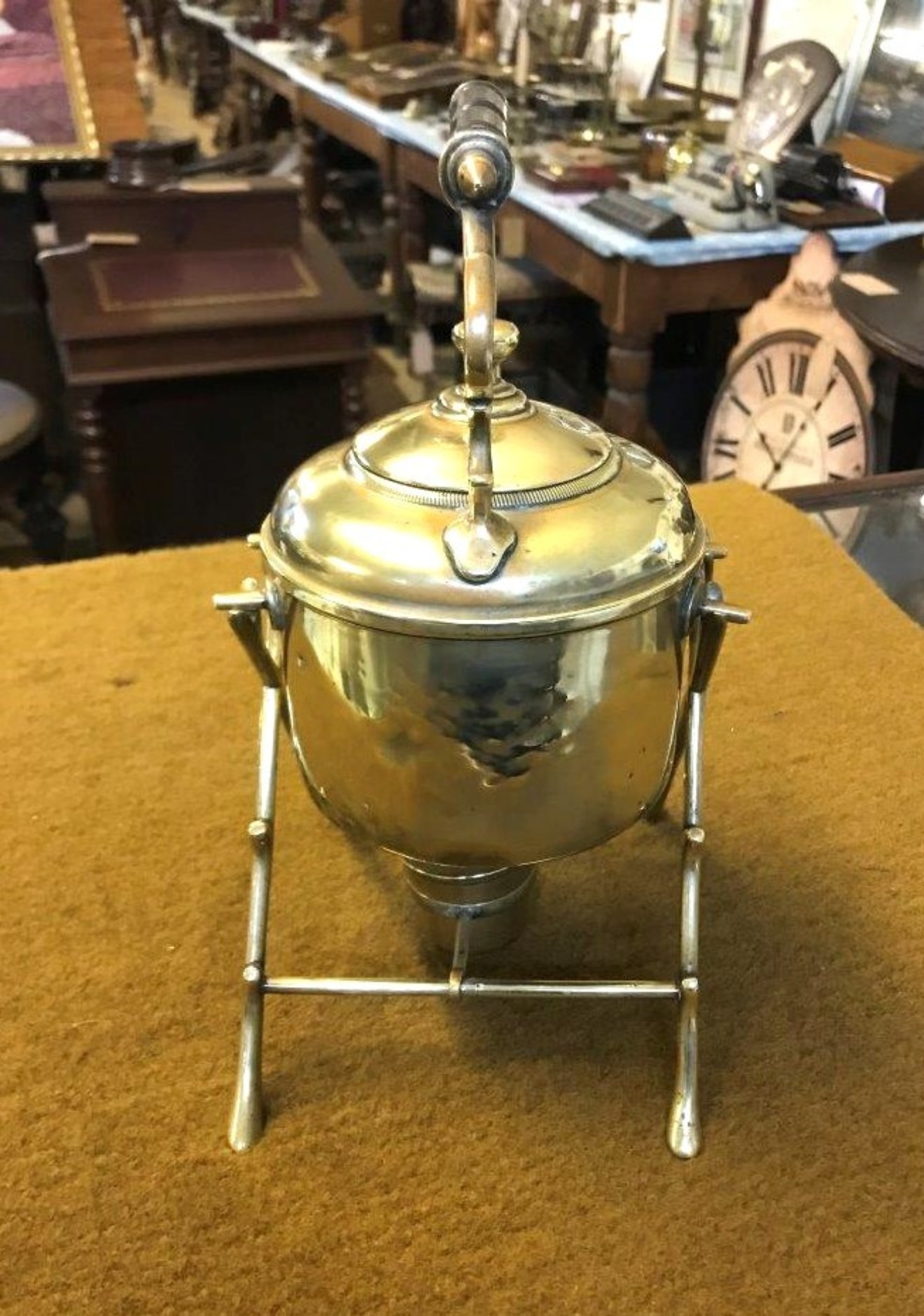 Antique Brass Kettle on Stand with Spirit Burner Warmer