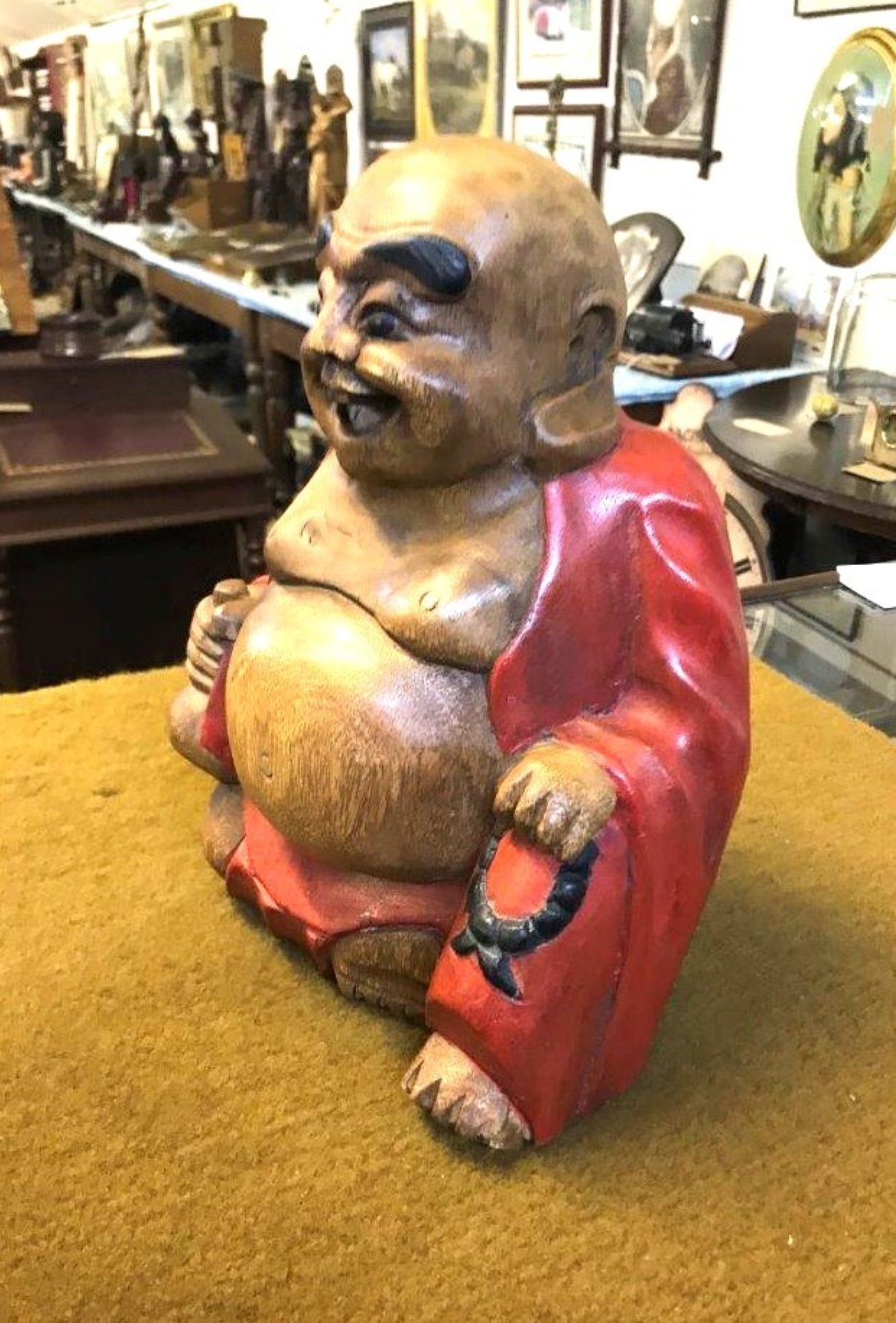 Vintage Solid Wood Carved Laughing Buddha Figure