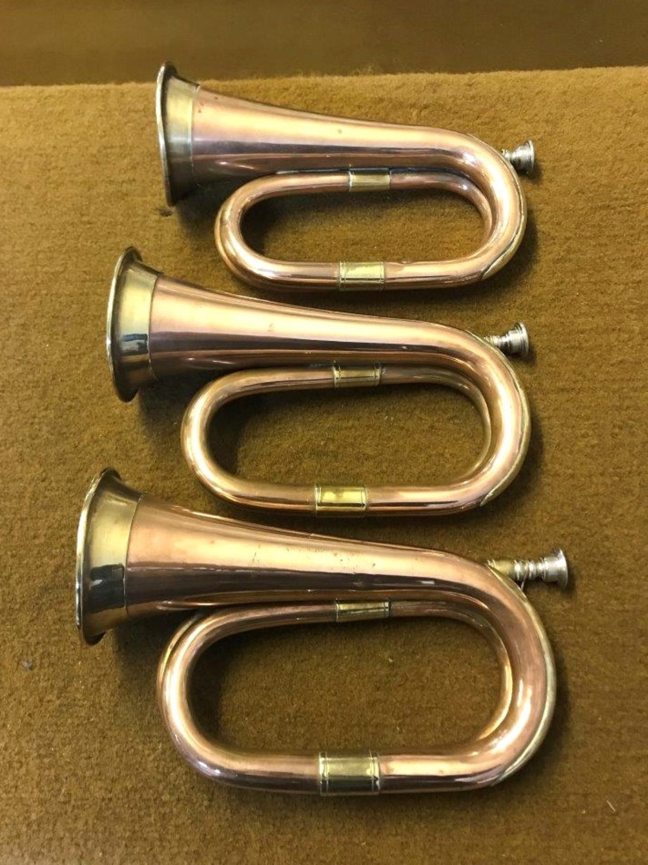 Vintage Set of 3 Military Bugles Copper / Brass with Plated Mouthpiece