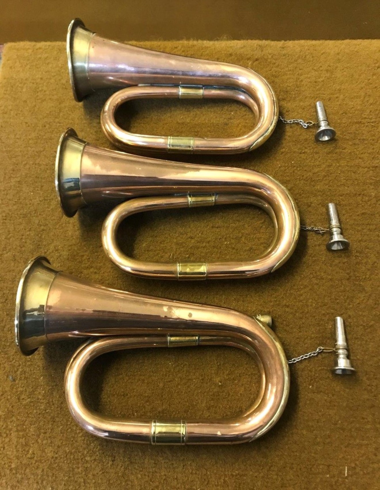Vintage Set of 3 Military Bugles Copper / Brass with Plated Mouthpiece