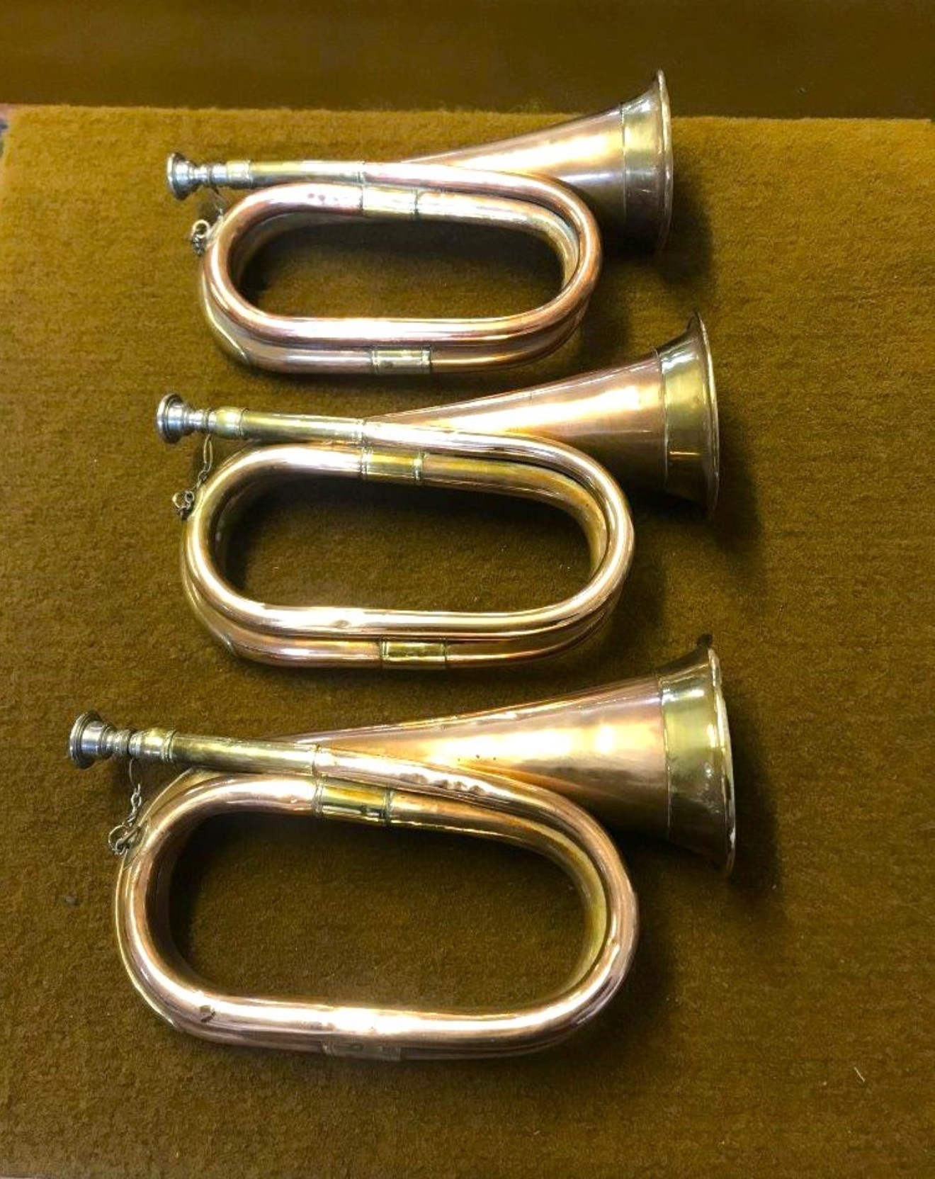 Vintage Set of 3 Military Bugles Copper / Brass with Plated Mouthpiece