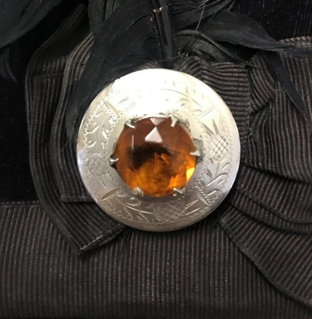 Vintage Child's Glengarry with Silver Plated / Amber Stone Badge and Black Hackle