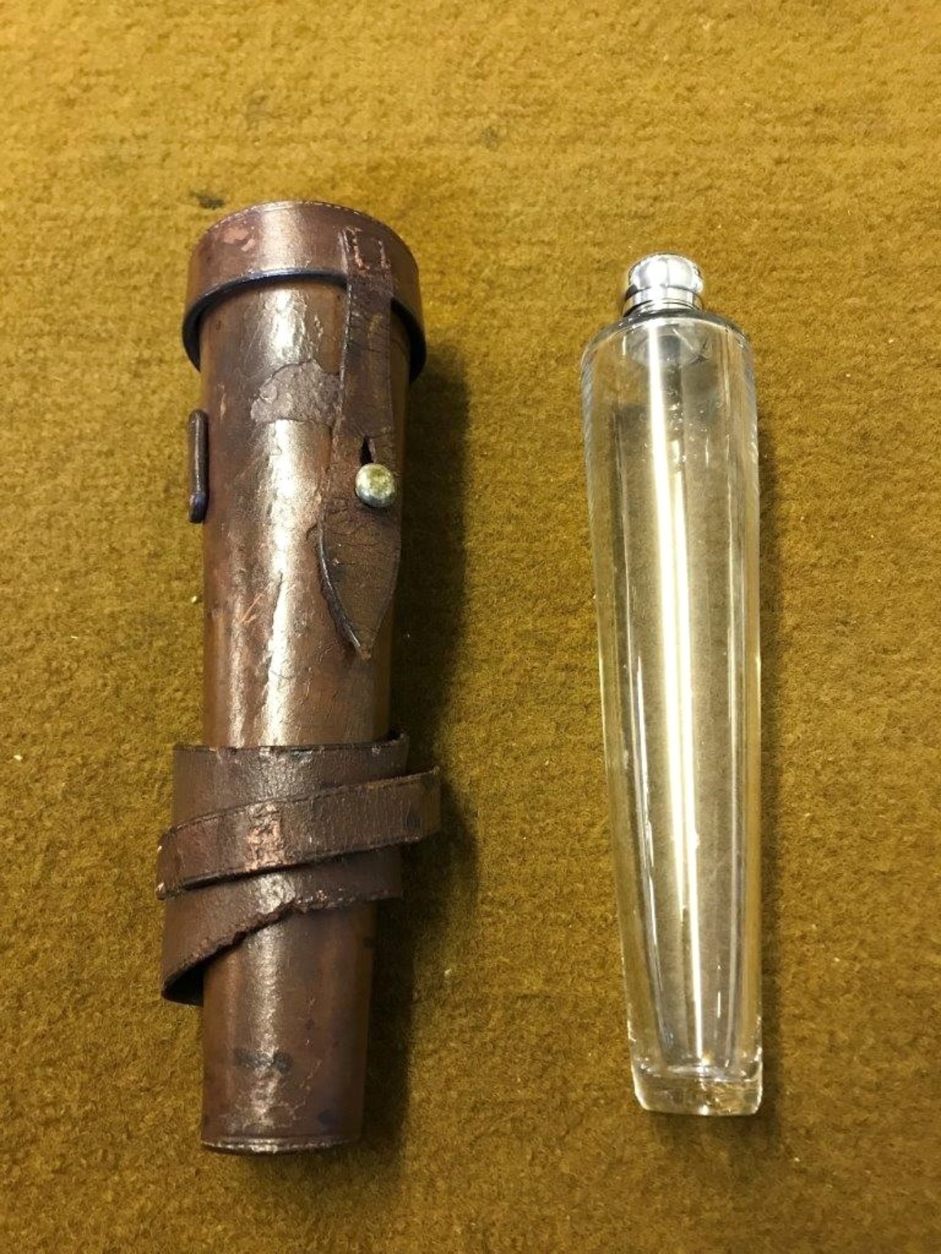 Victorian Leather Saddle Flask with Glass Flask and Silver Plated Top