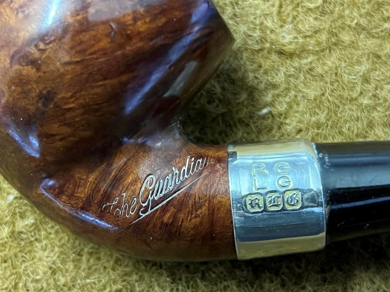 Vintage Briar Pipe The Guardian Silver Plated Mount marked RG over LG and RDB in Italics