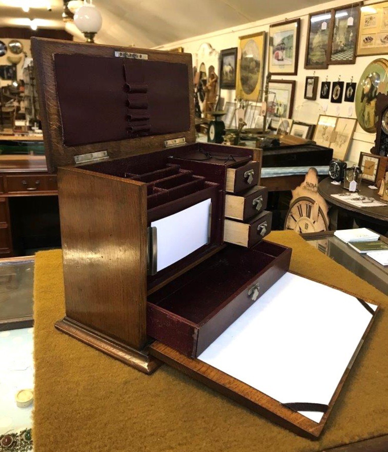 Edwardian Oak Fall Front Stationery Box / Writing Case