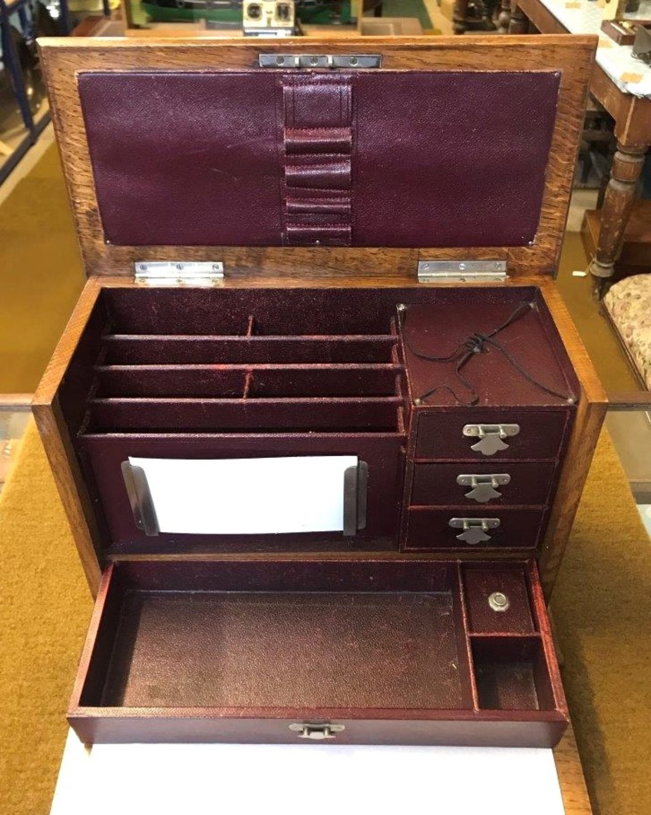 Edwardian Oak Fall Front Stationery Box / Writing Case