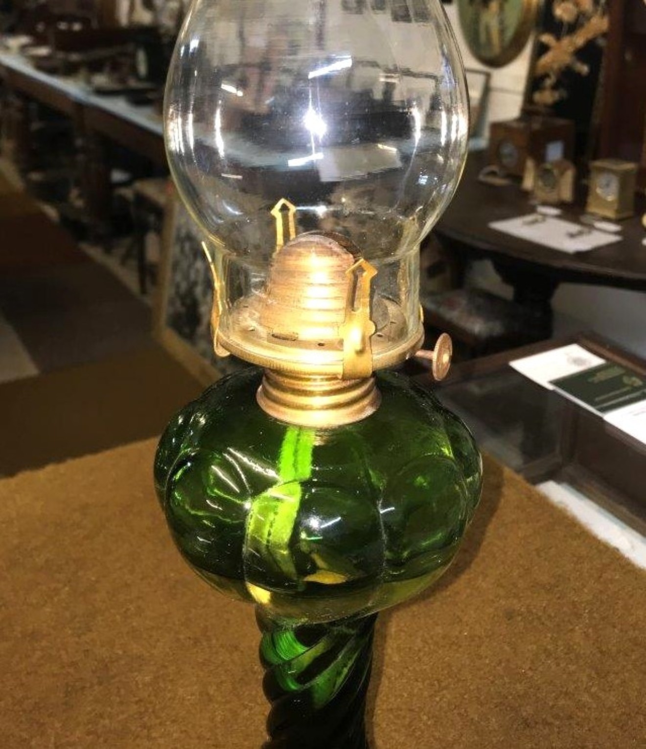 Vintage Green Glass Oil Lamp Green Swirl Pattern Base and Font