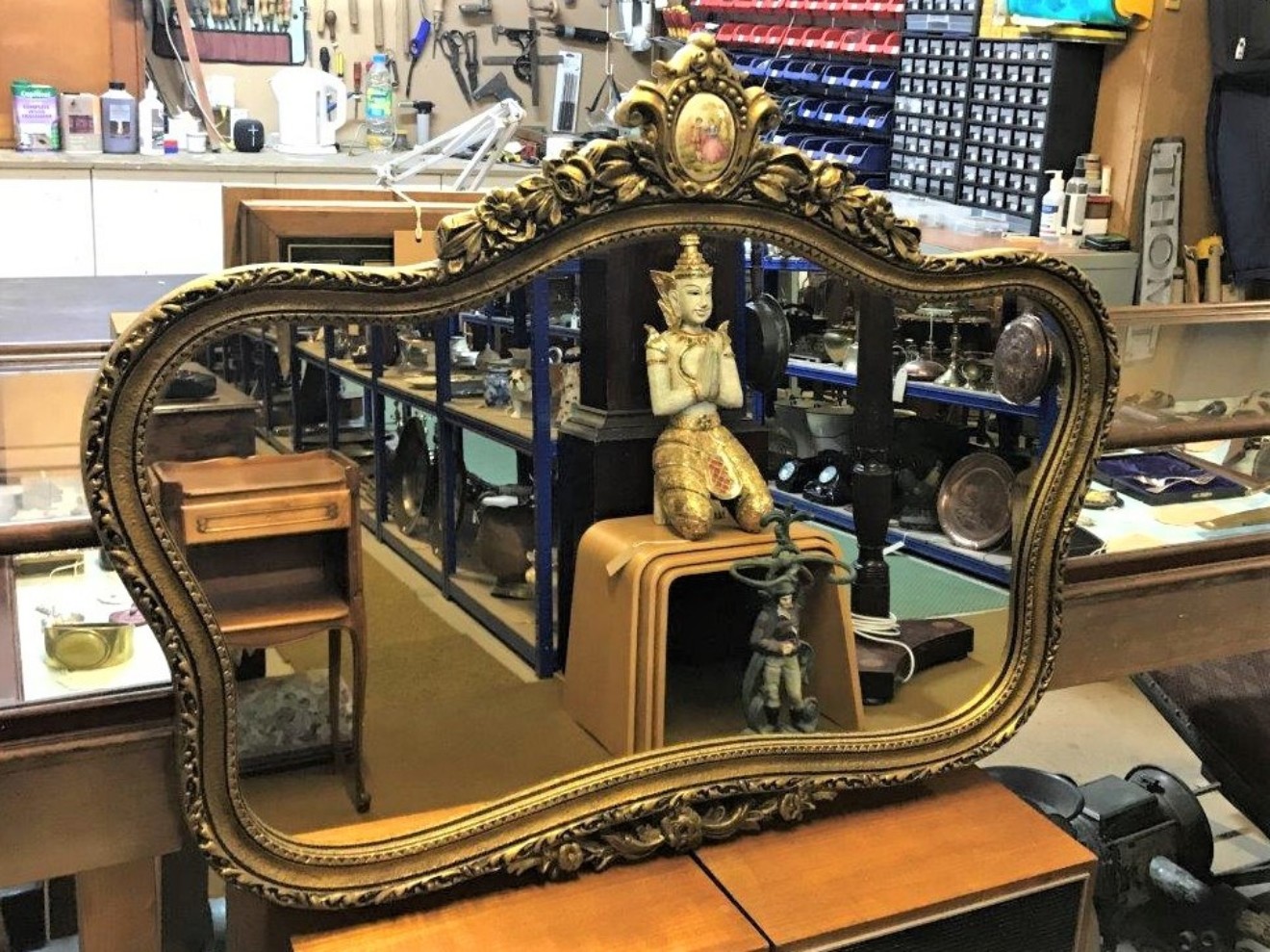 Vintage Gold Framed French Mirror c/w Limoge Cameo Insert at Top