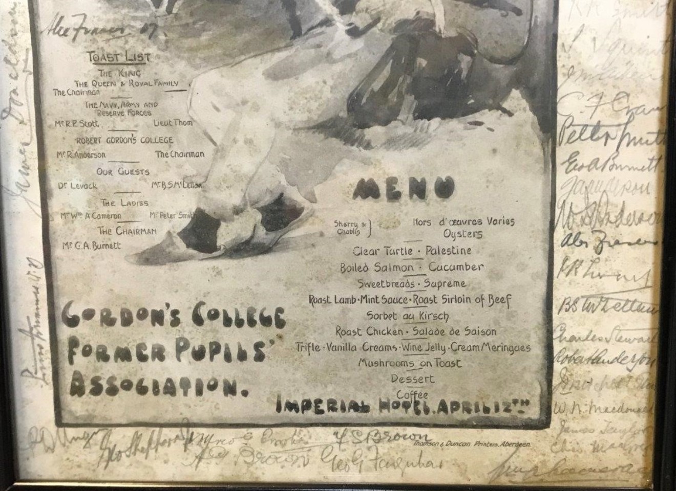 Antique Framed Watercolour Menu from Gordon's College Former Pupils Association Dinner in The Imperial Hotel Aberdeen 12th April 1907