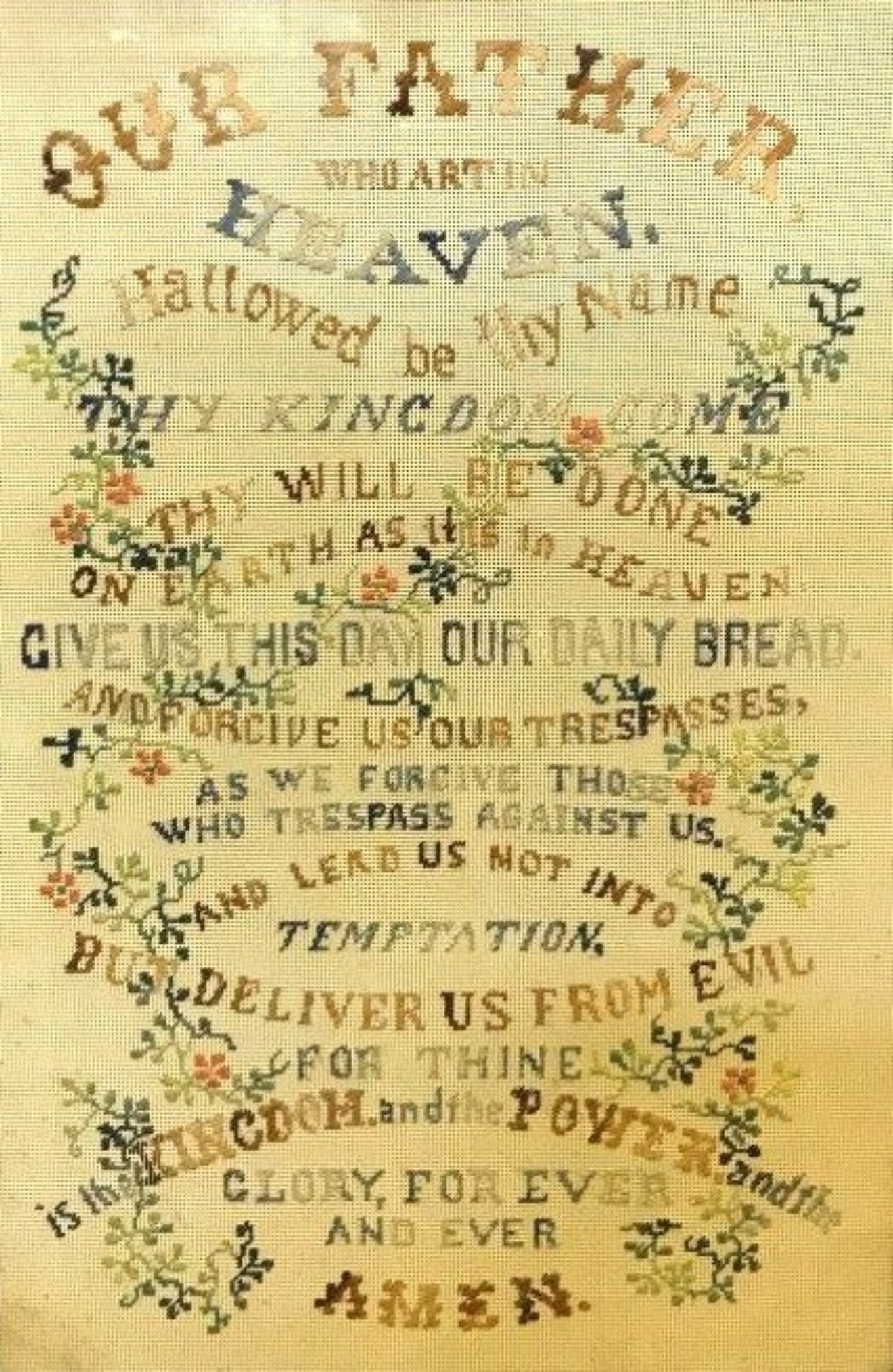 Antique "The Lord's Prayer" Needlepoint Tapestry Sampler