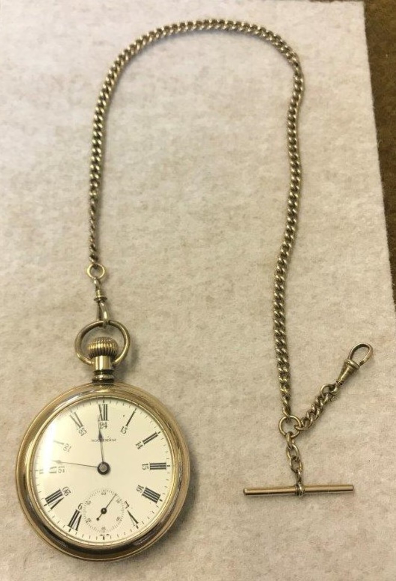 Antique Gold Plated Waltham Open Face Pocket Watch 15 Jewels 24 Hour Dial