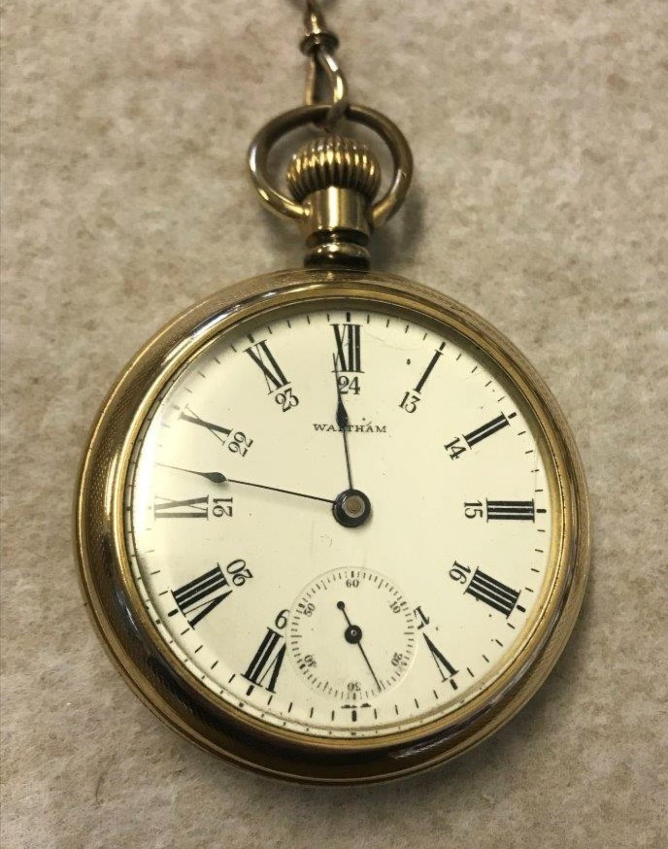 Antique Gold Plated Waltham Open Face Pocket Watch 15 Jewels 24 Hour Dial