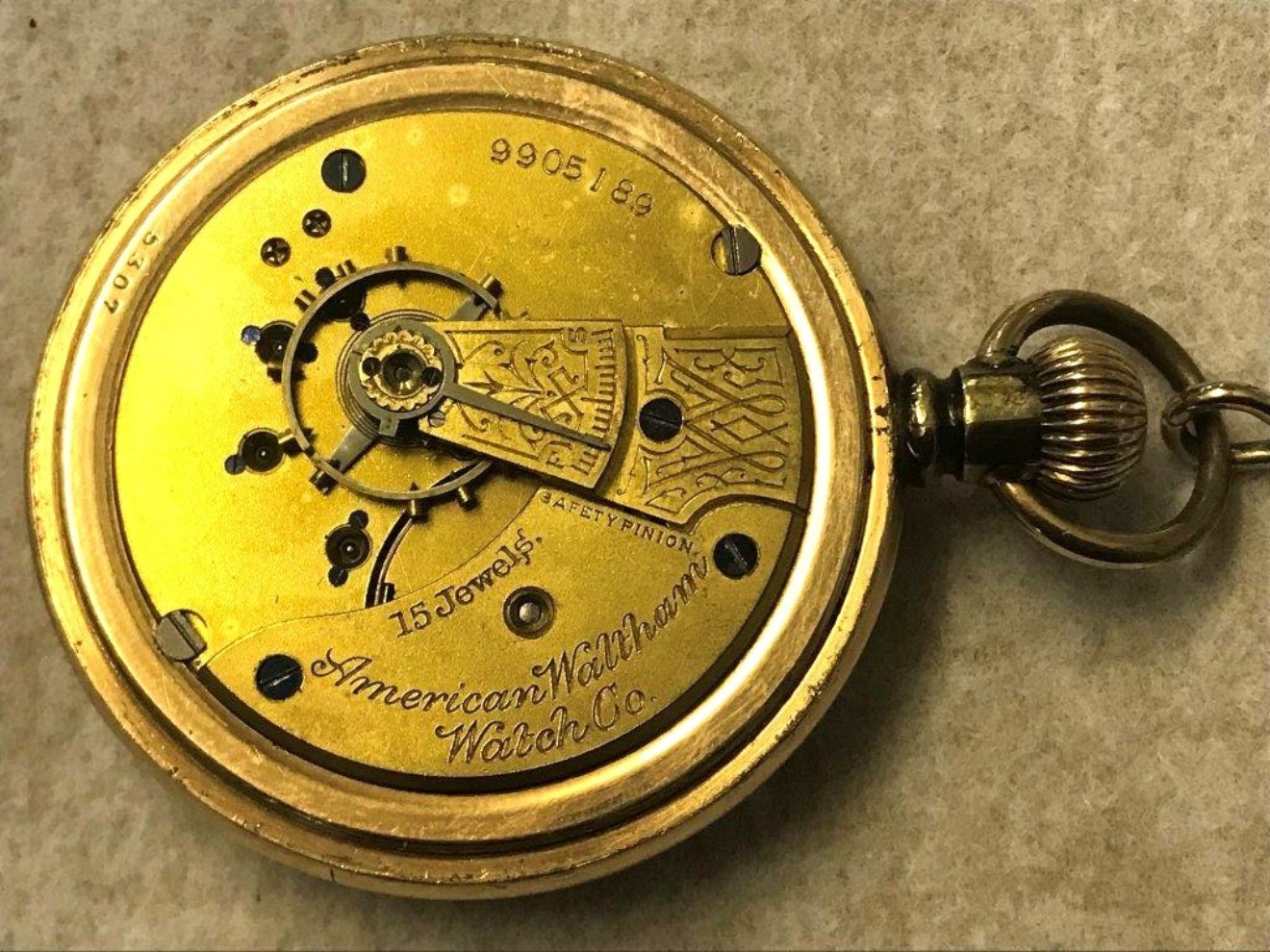 Antique Gold Plated Waltham Open Face Pocket Watch 15 Jewels 24 Hour Dial