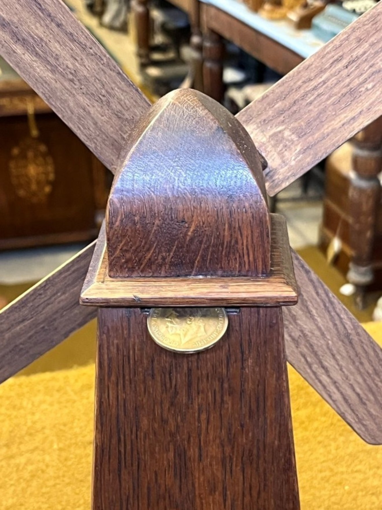 Antique Oak Windmill Penny Bank