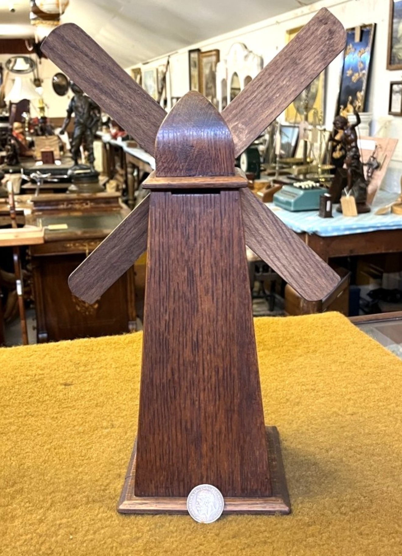 Antique Oak Windmill Penny Bank