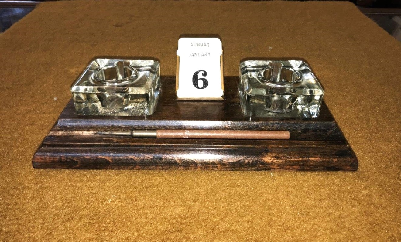 Vintage Inkwell Stand / Pen Rest with Perpetual Calendar