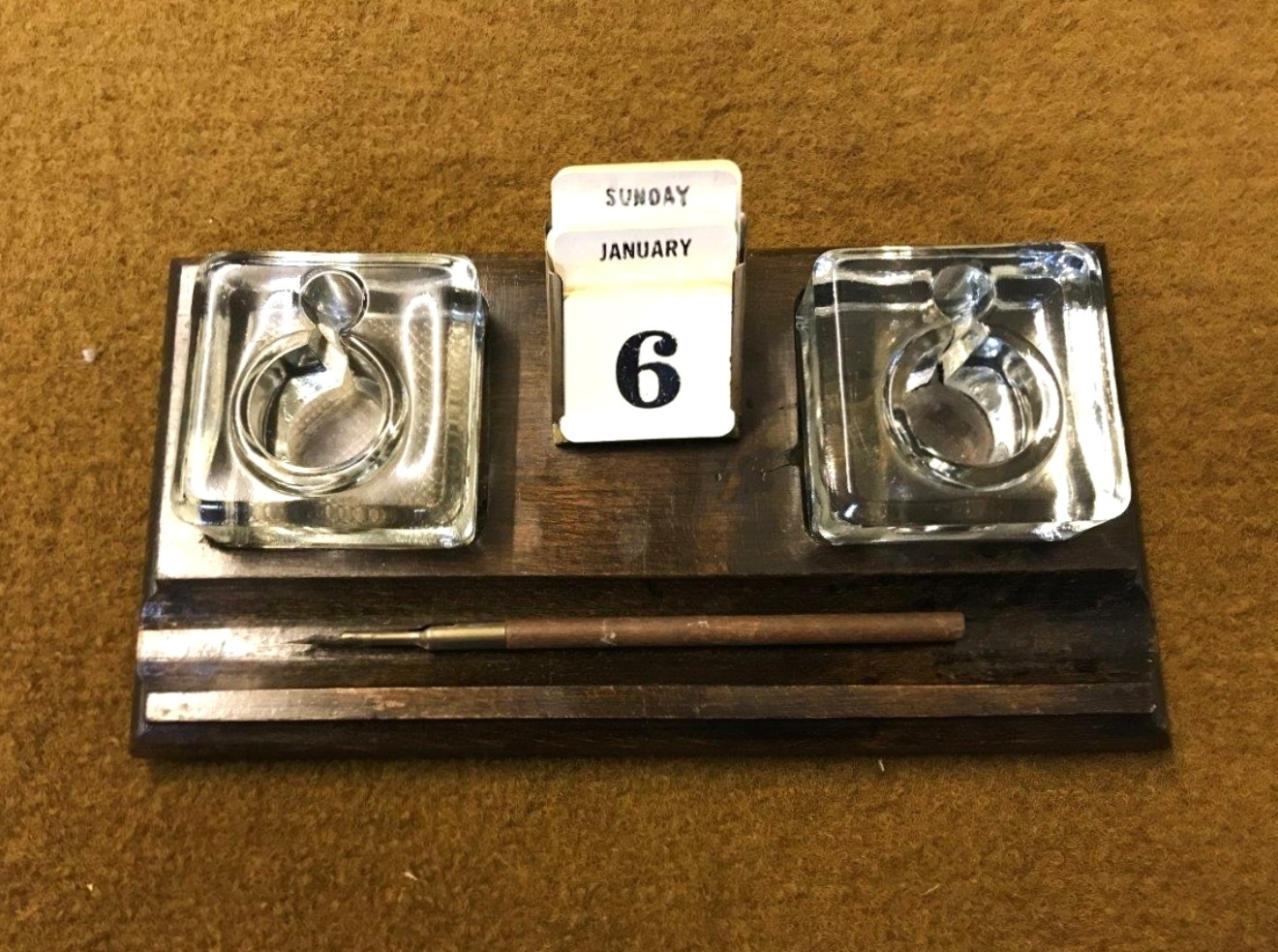 Vintage Inkwell Stand / Pen Rest with Perpetual Calendar