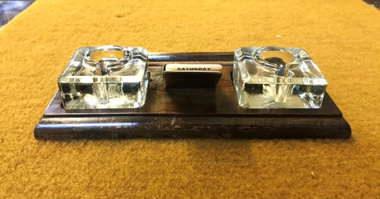 Vintage Inkwell Stand / Pen Rest with Perpetual Calendar