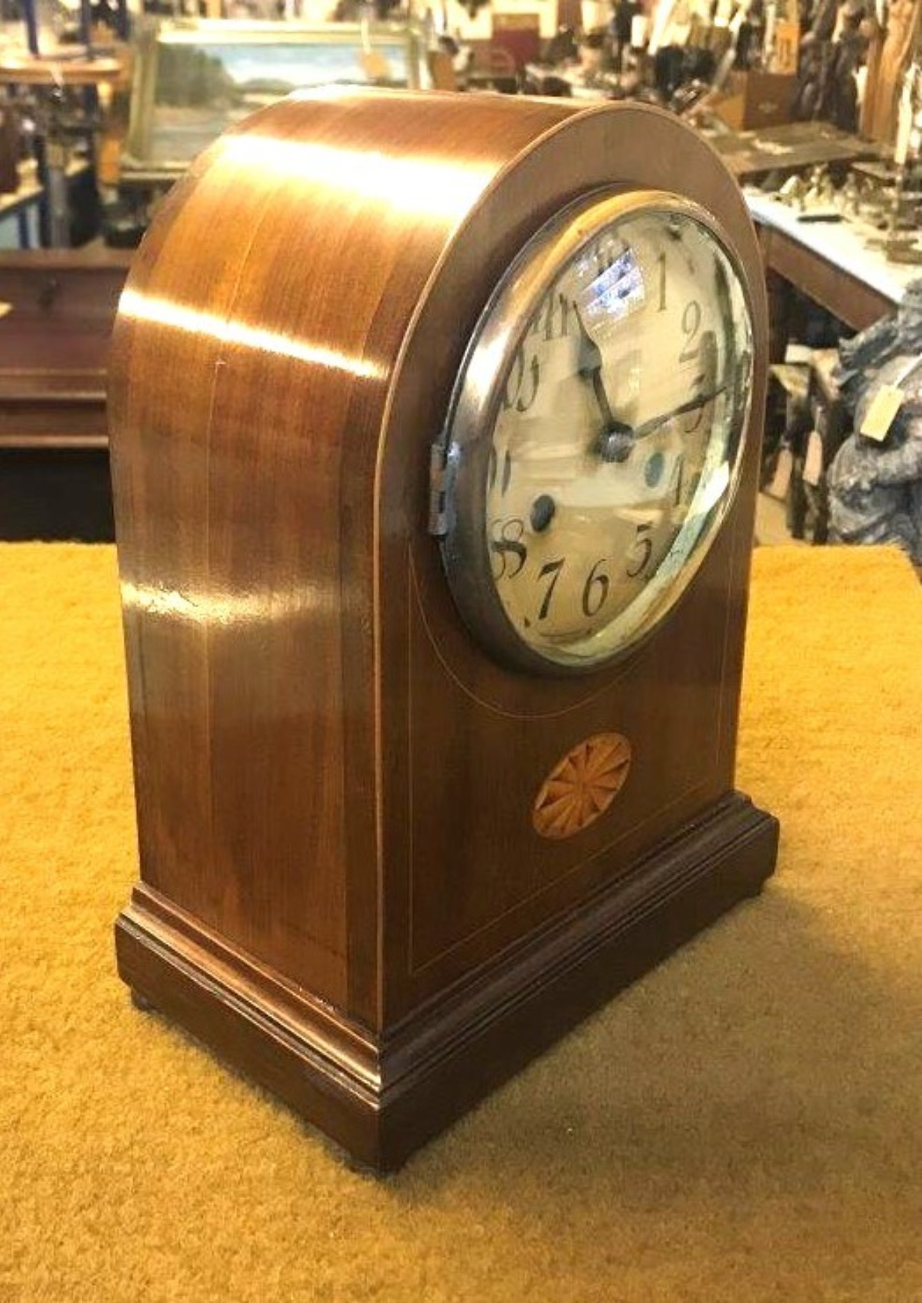 Edwardian Mahogany Inlaid Arch Top Mantel Clock