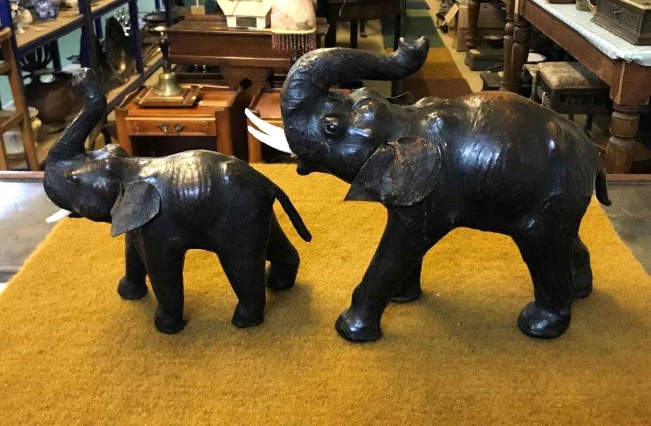 Vintage Pair of Leather Bound Elephants