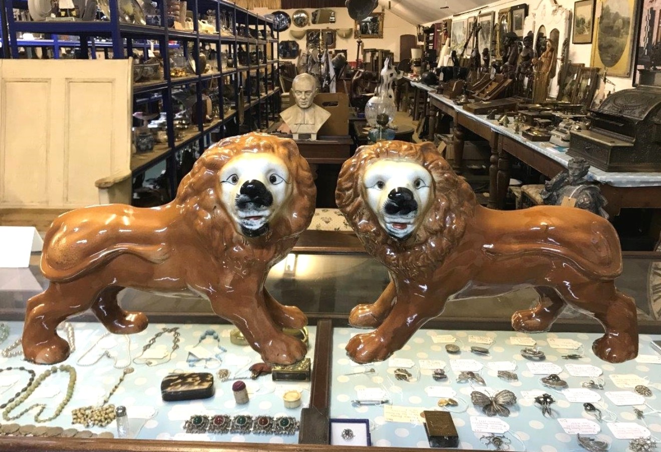 Pair Staffordshire Pottery Lions