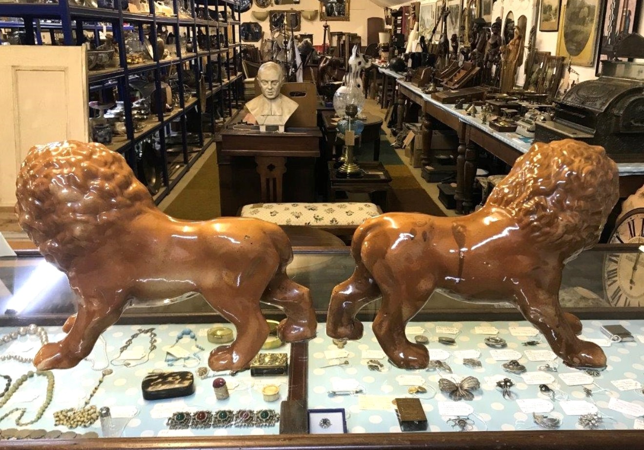 Pair Staffordshire Pottery Lions