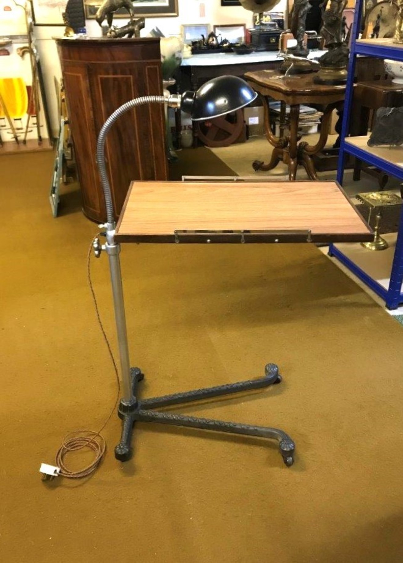 Antique Adjustable Overbed Reading Table / Lectern with Reading Lamp