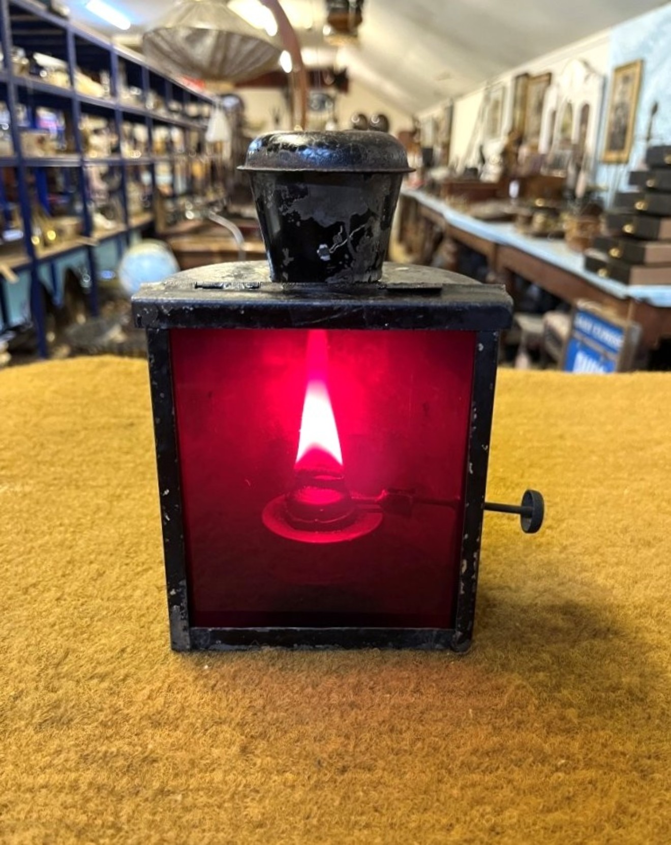 Antique Railway Oil Signal Lamp with Red Filter Glass