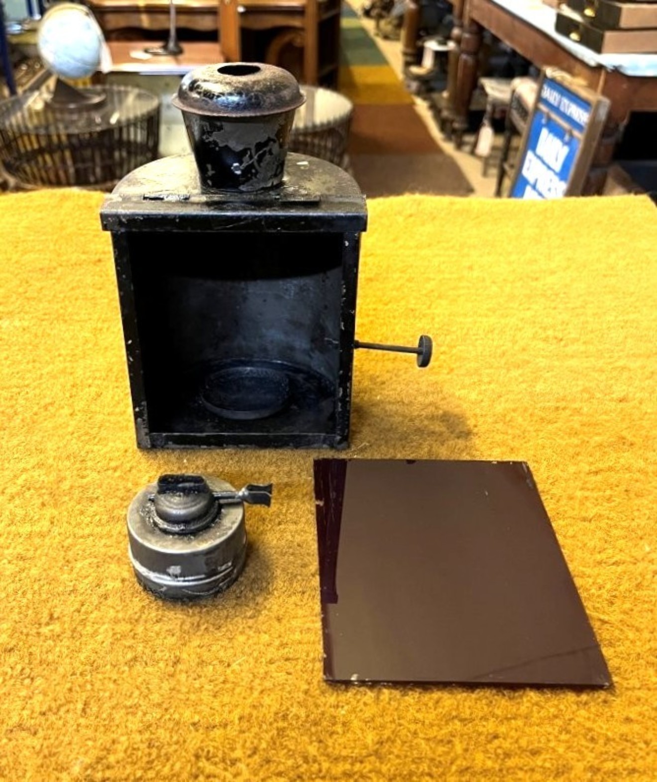 Antique Railway Oil Signal Lamp with Red Filter Glass