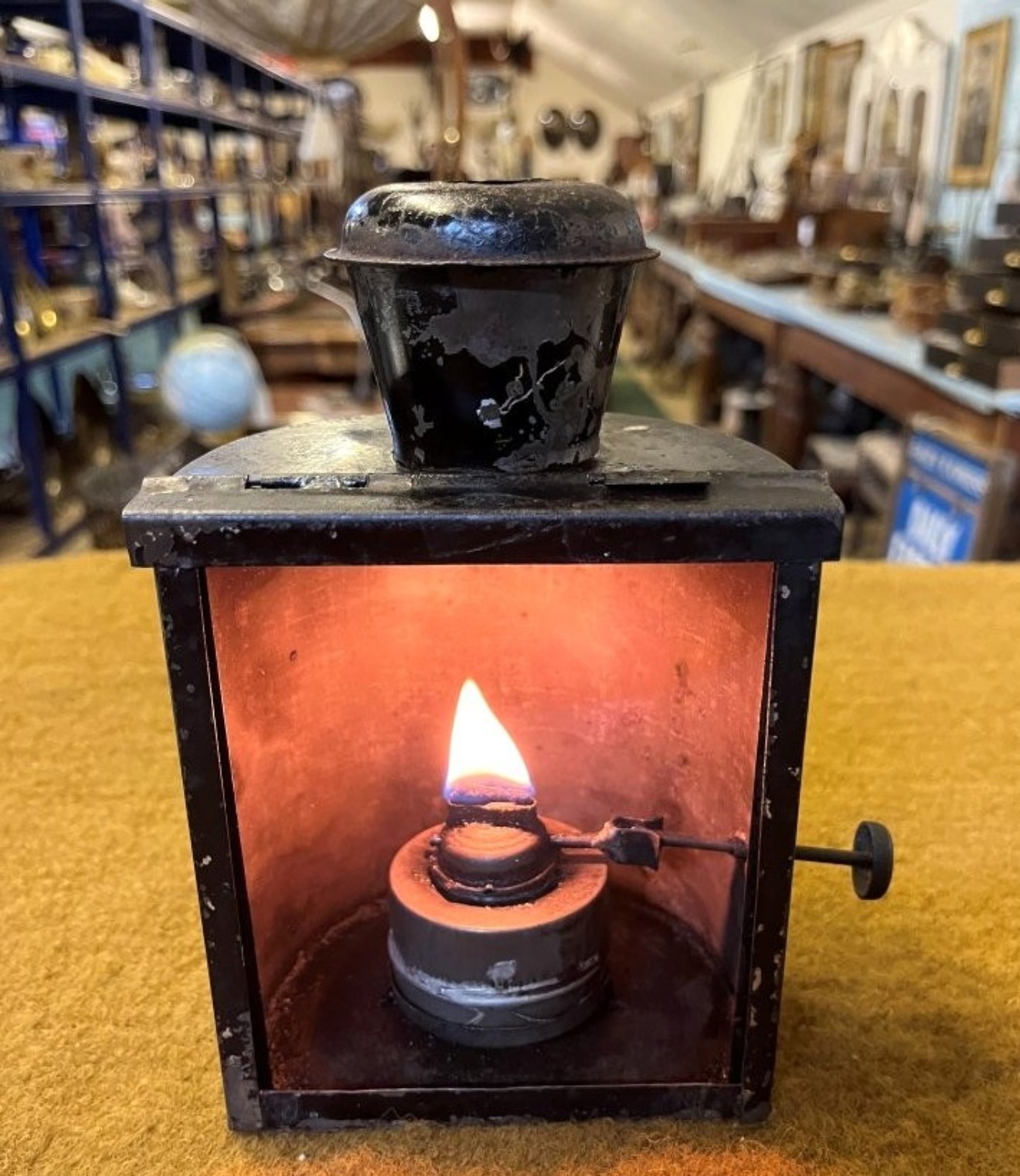 Antique Railway Oil Signal Lamp with Red Filter Glass