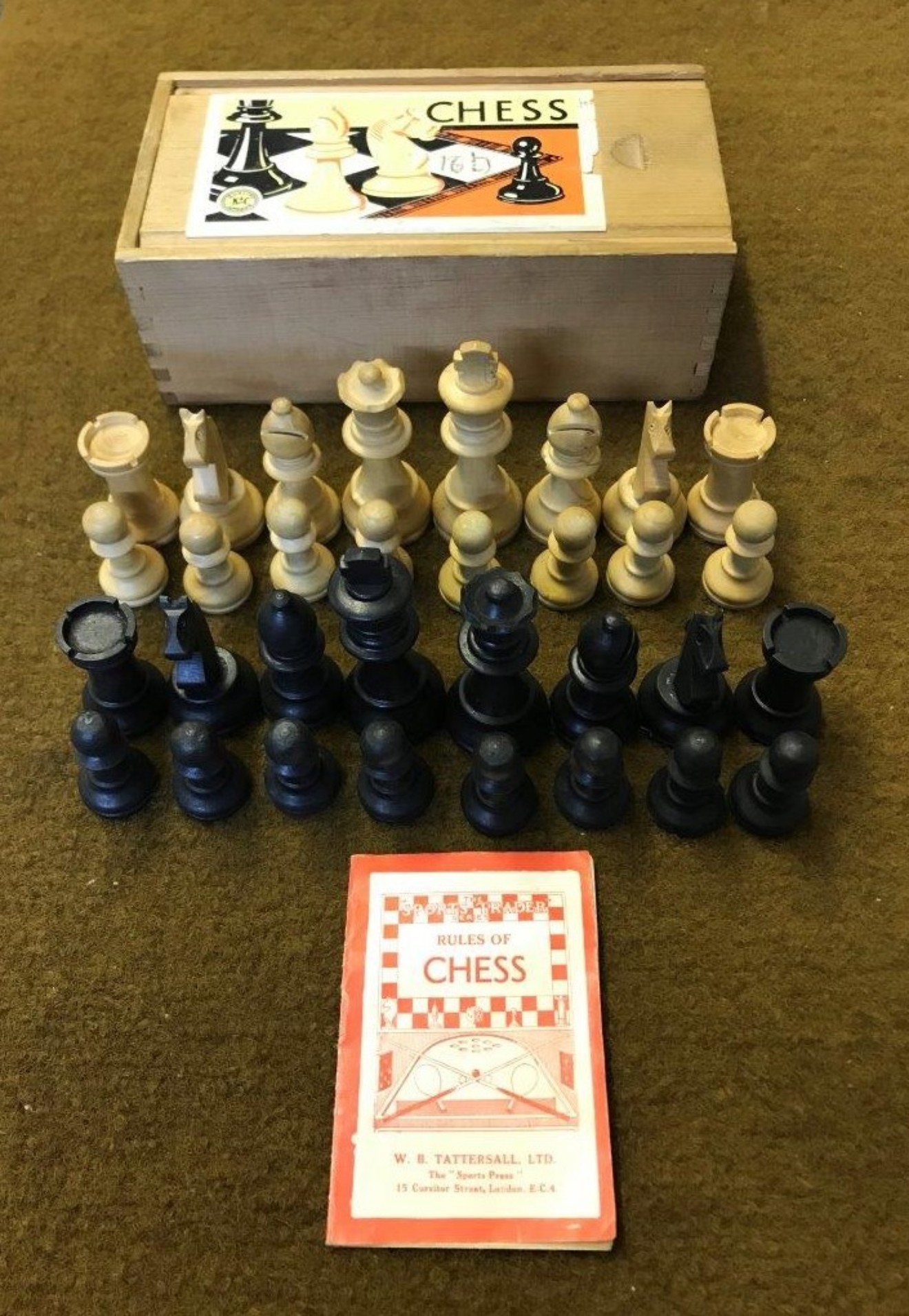 Vintage Wooden Chess Set in Slide Top Box