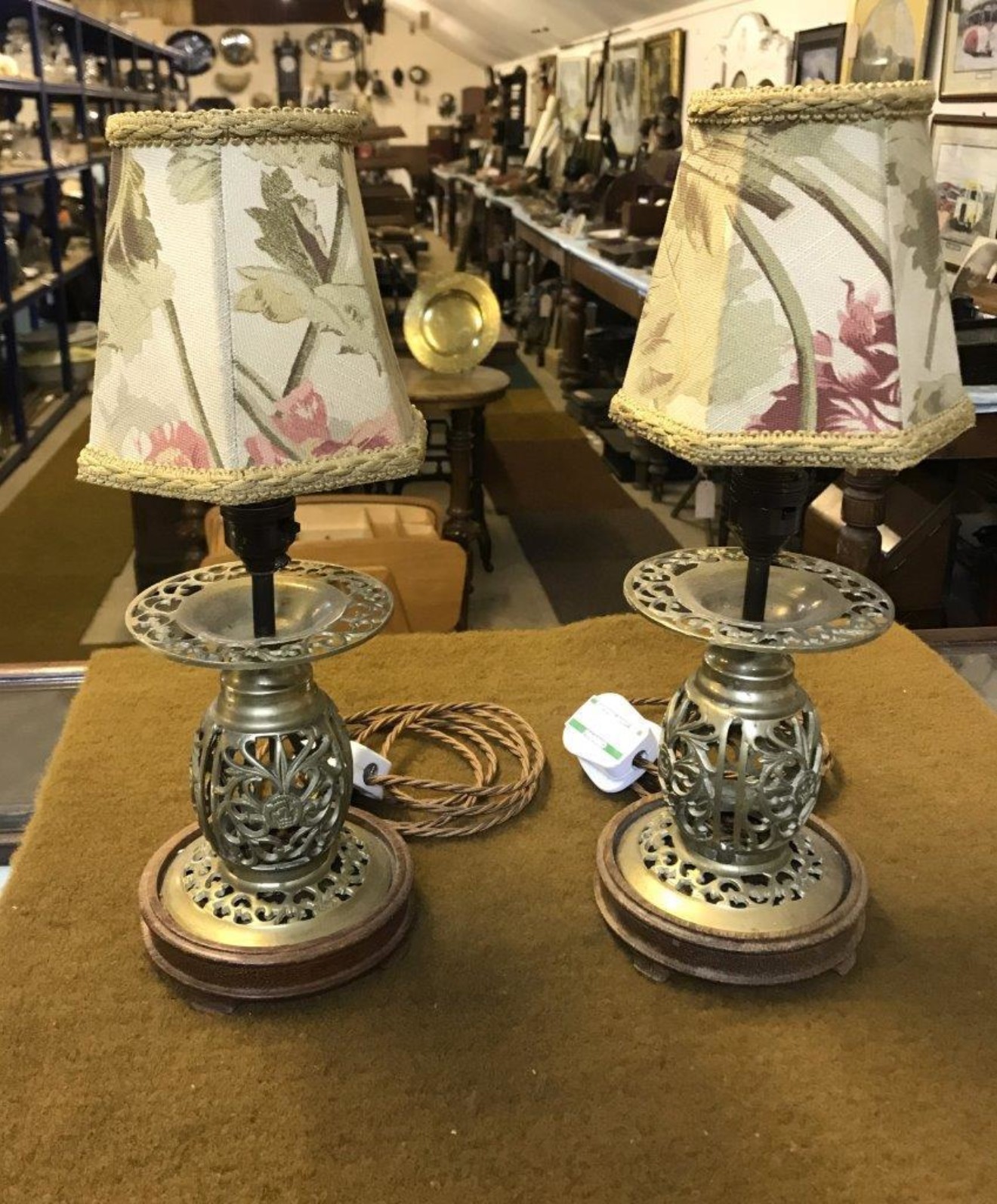 Vintage Pair of Oriental Brass Table Lamps with Floral Pattern Shades