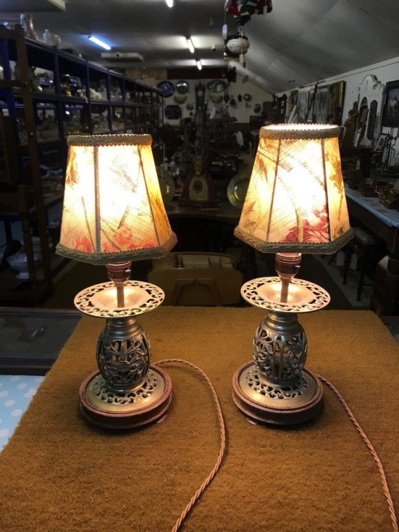 Vintage Pair of Oriental Brass Table Lamps with Floral Pattern Shades