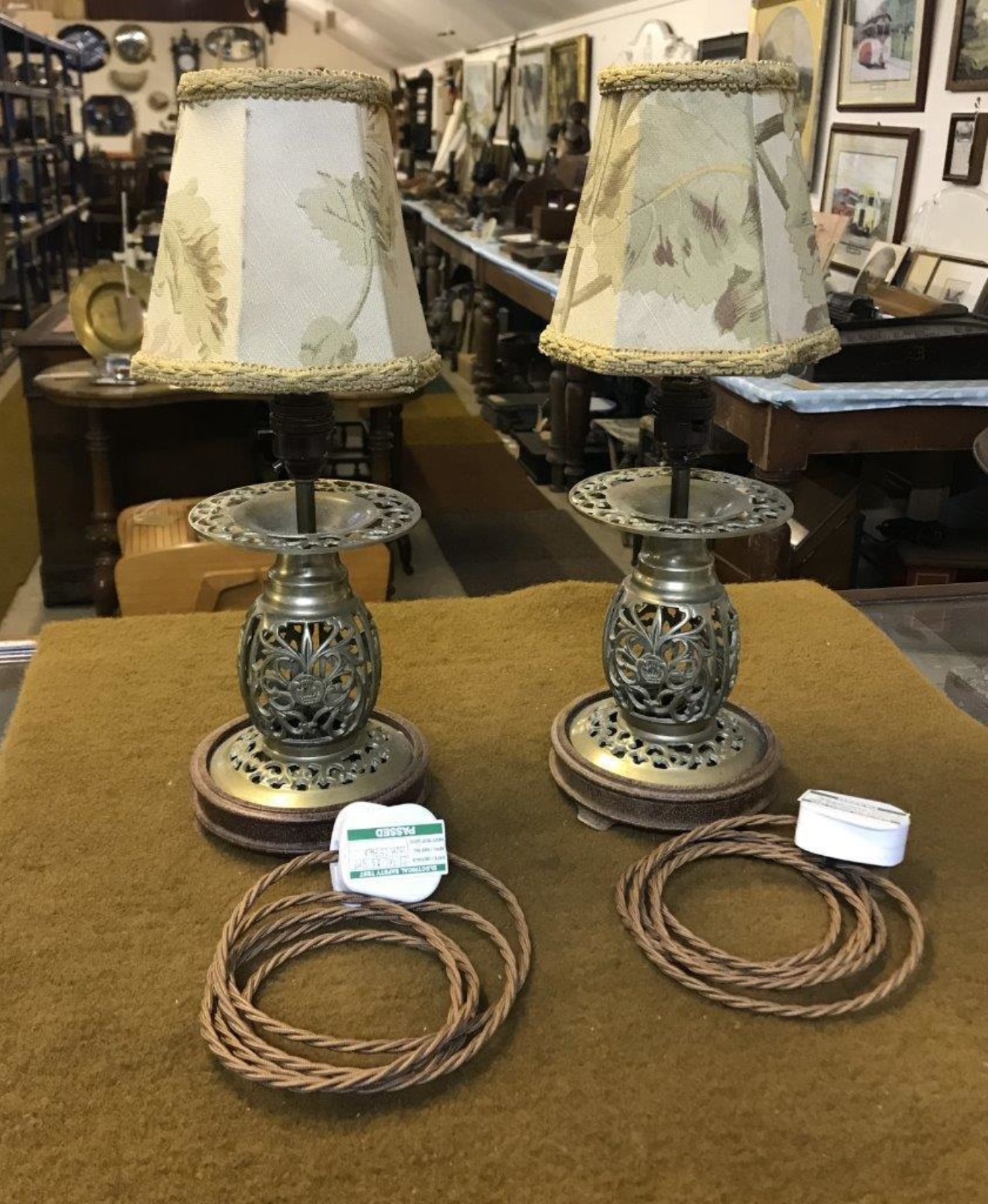 Vintage Pair of Oriental Brass Table Lamps with Floral Pattern Shades