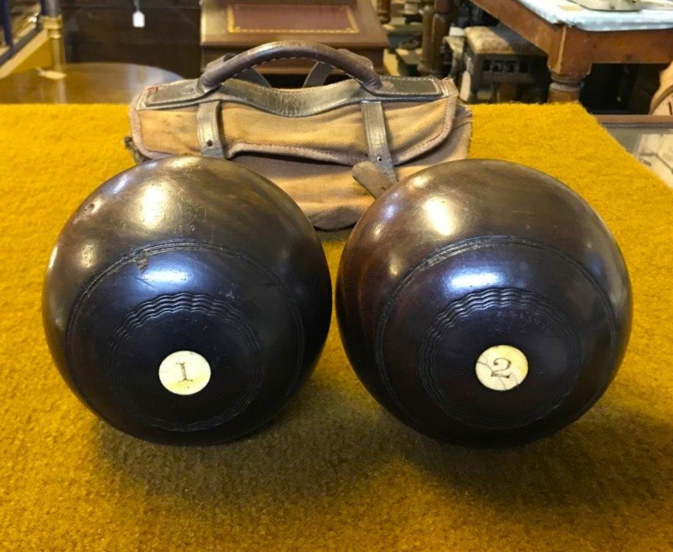 Antique Pair of Lawn Bowls Size 3 Nos 1 & 2 Marked "M" on Bone Inserts