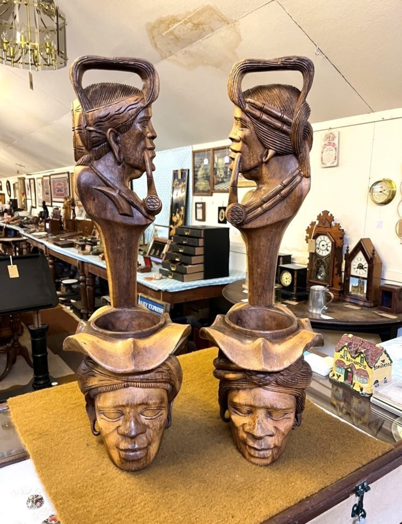 Vintage Pair of Tall Igorot Carved Wood Anthropomorphic Ceremonial Offering Bowls