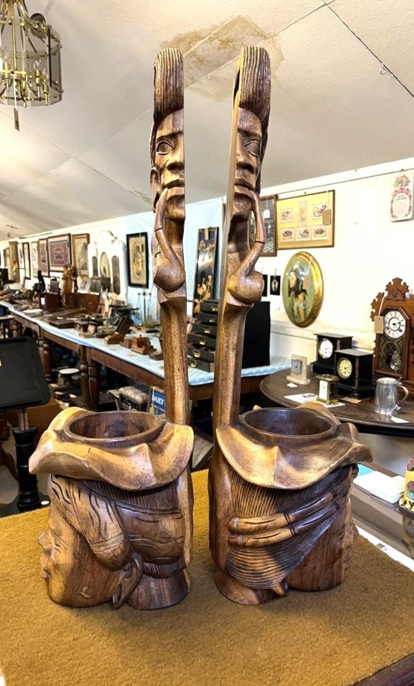 Vintage Pair of Tall Igorot Carved Wood Anthropomorphic Ceremonial Offering Bowls