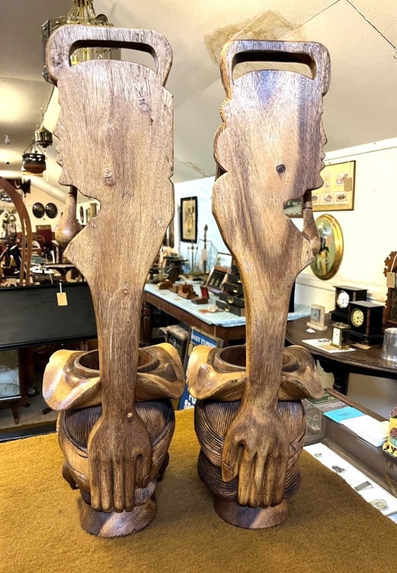 Vintage Pair of Tall Igorot Carved Wood Anthropomorphic Ceremonial Offering Bowls