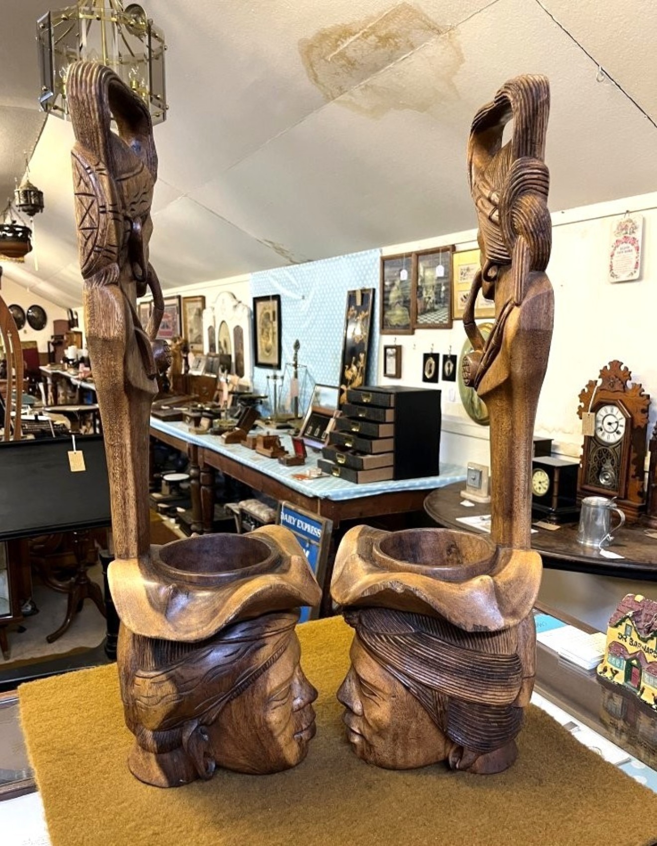 Vintage Pair of Tall Igorot Carved Wood Anthropomorphic Ceremonial Offering Bowls