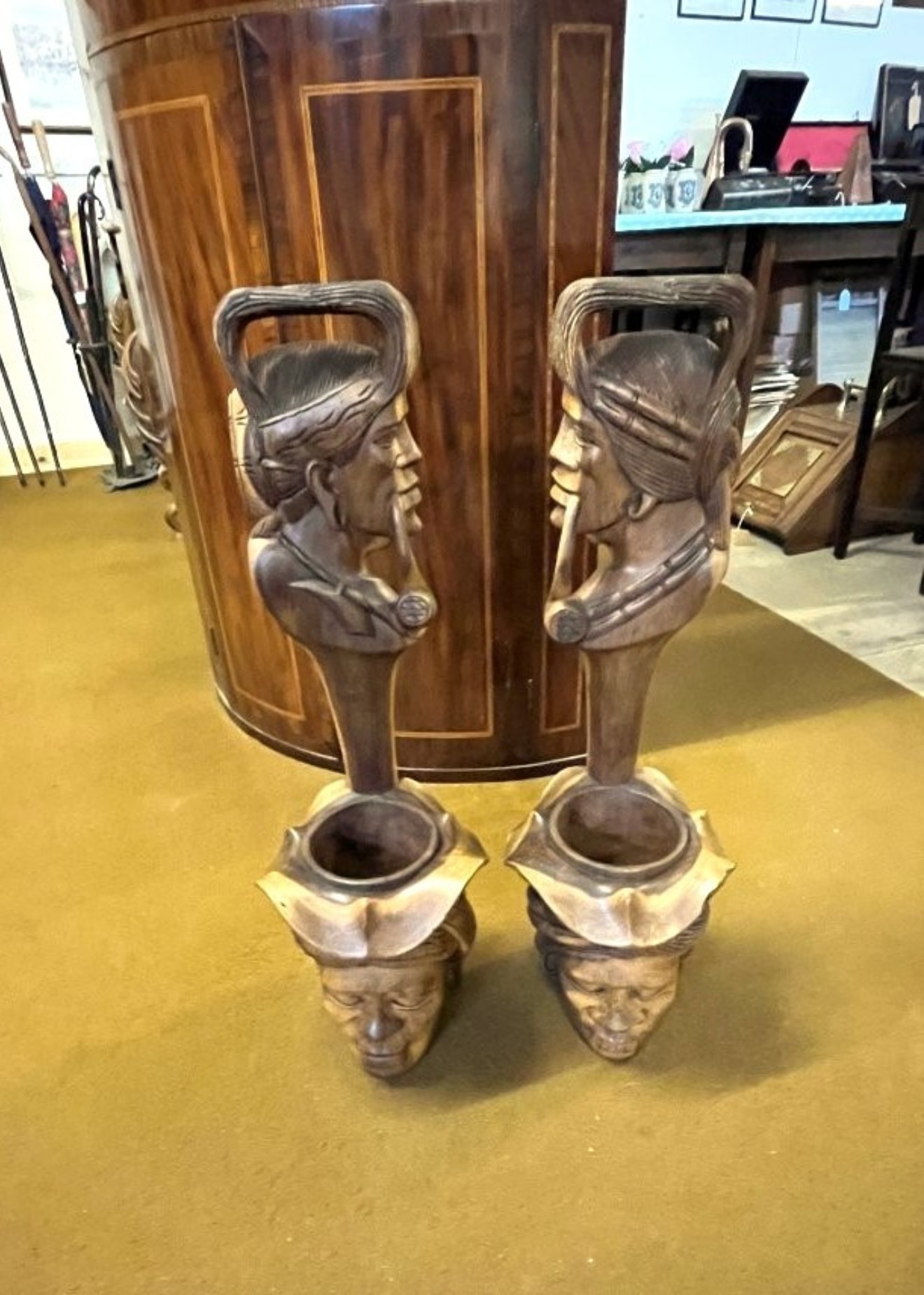 Vintage Pair of Tall Igorot Carved Wood Anthropomorphic Ceremonial Offering Bowls