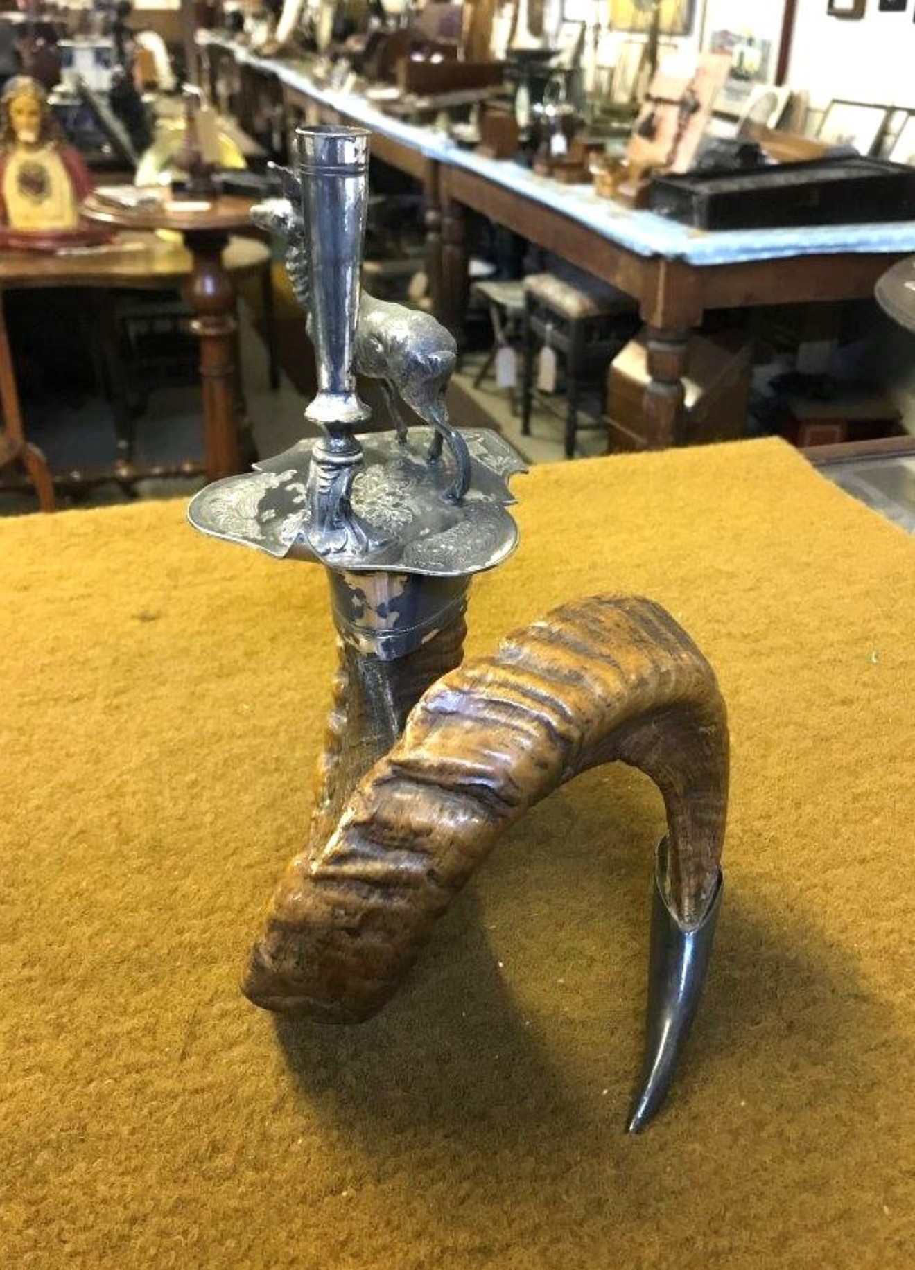 Victorian Ram's Horn and Silver Plate Stag Figure Candle Holder