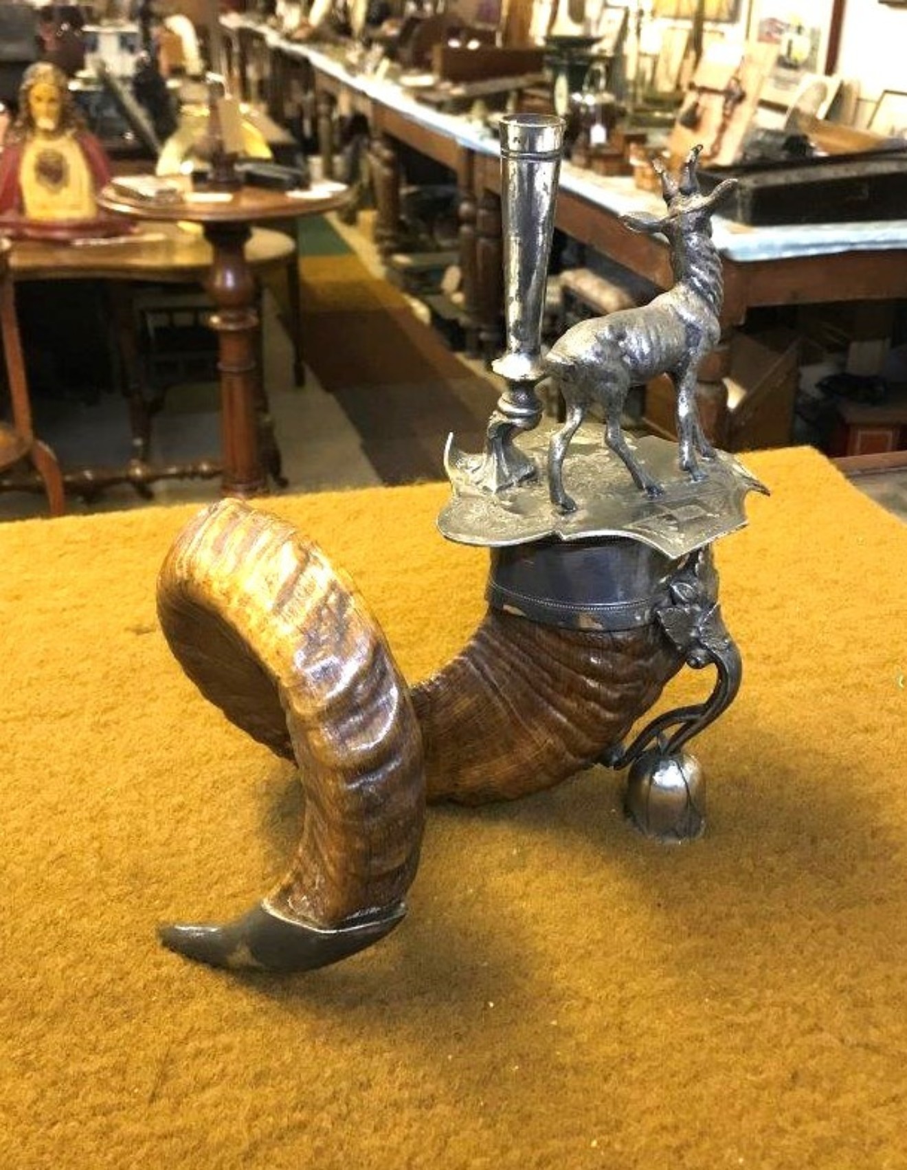 Victorian Ram's Horn and Silver Plate Stag Figure Candle Holder