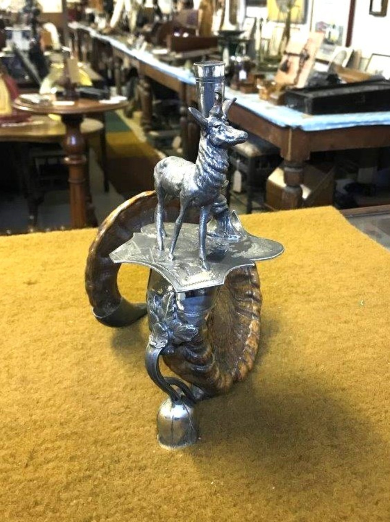 Victorian Ram's Horn and Silver Plate Stag Figure Candle Holder