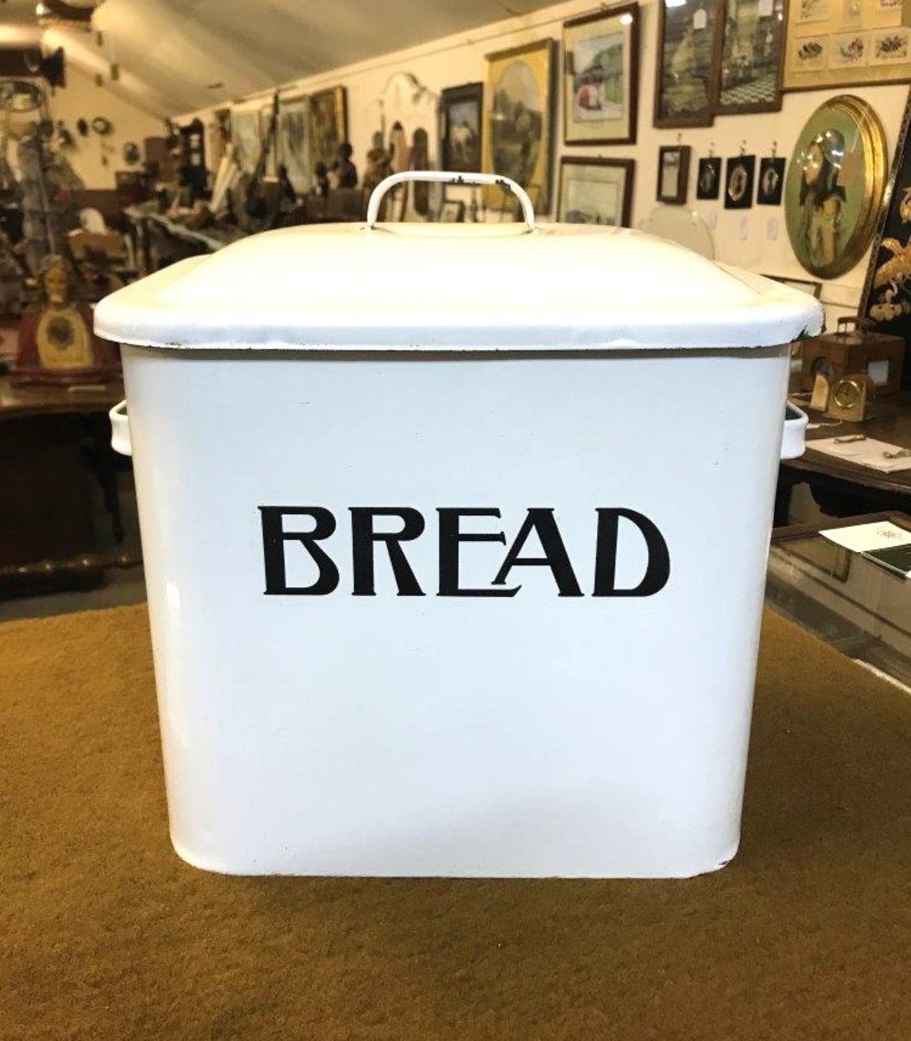 Vintage Black & White Enamel Bread Bin with Ventilated Lid